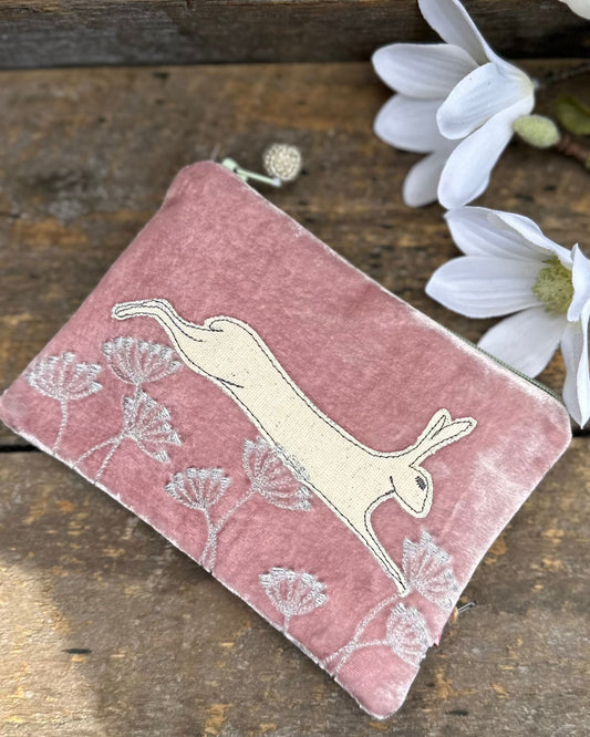 purse Velvet Embroidered Leaping Hare Coin Purse - Pale Pink