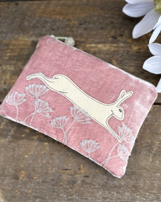 purse Velvet Embroidered Leaping Hare Coin Purse - Pale Pink