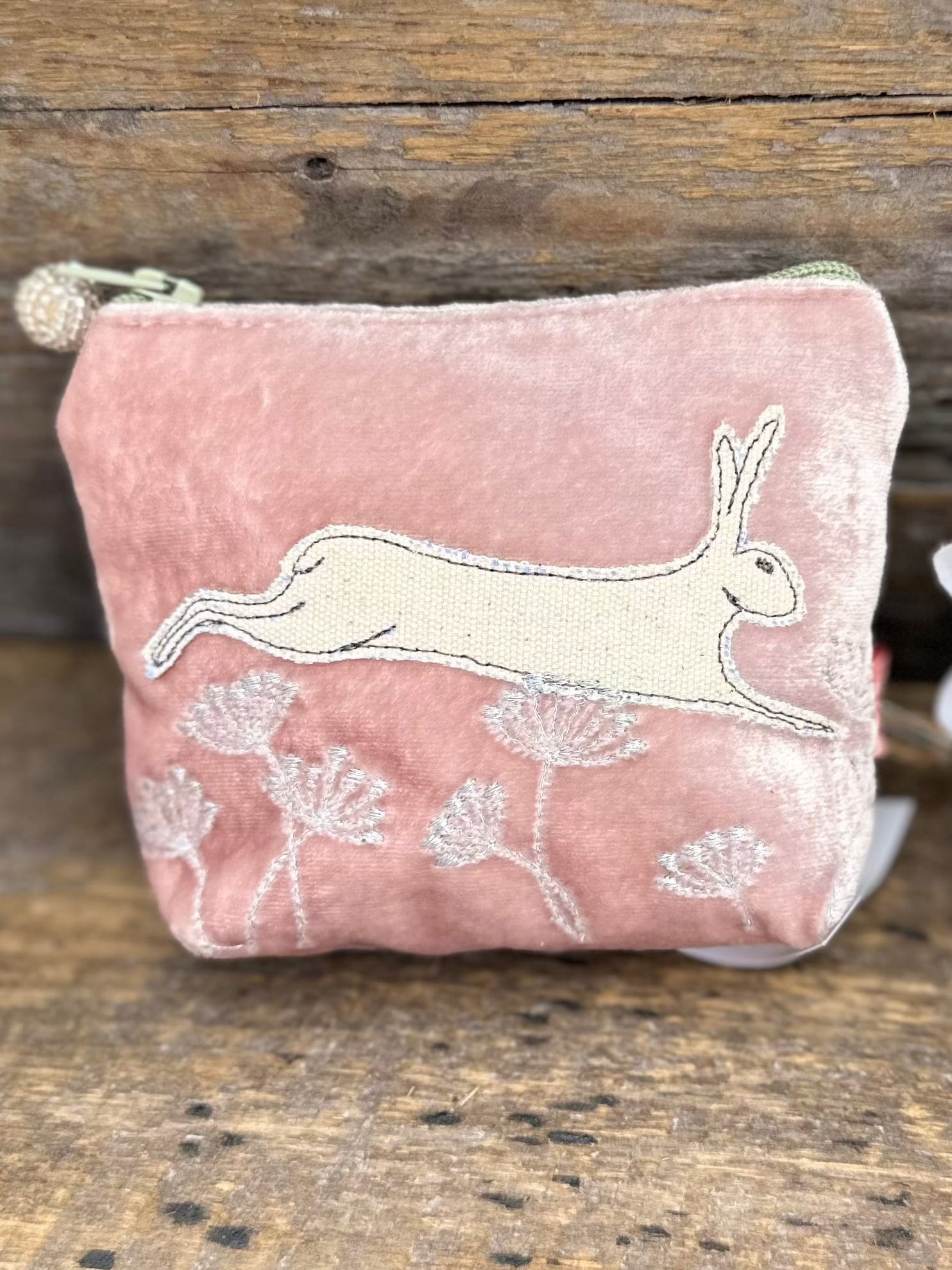 purse Velvet Embroidered Leaping Hare Mini Coin Purse - Pale Pink