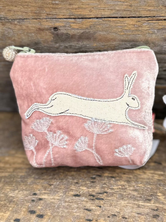 purse Velvet Embroidered Leaping Hare Mini Coin Purse - Pale Pink
