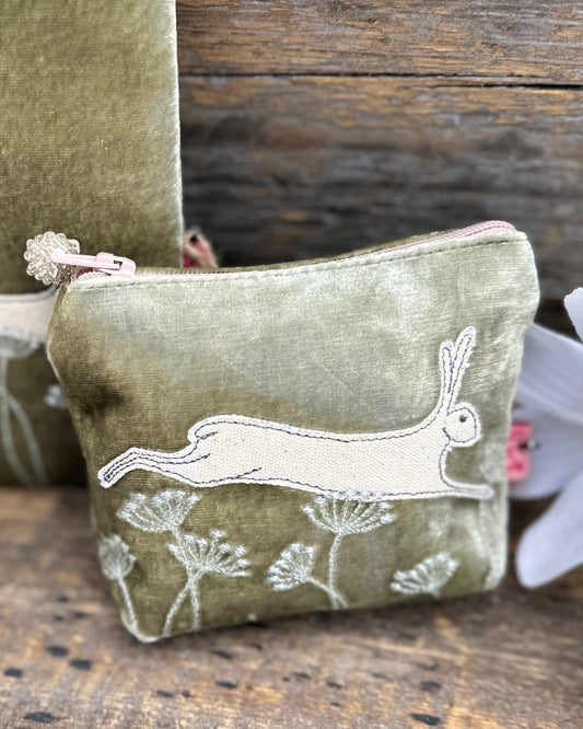purse Velvet Embroidered Leaping Hare Mini Coin Purse - Pale Sage