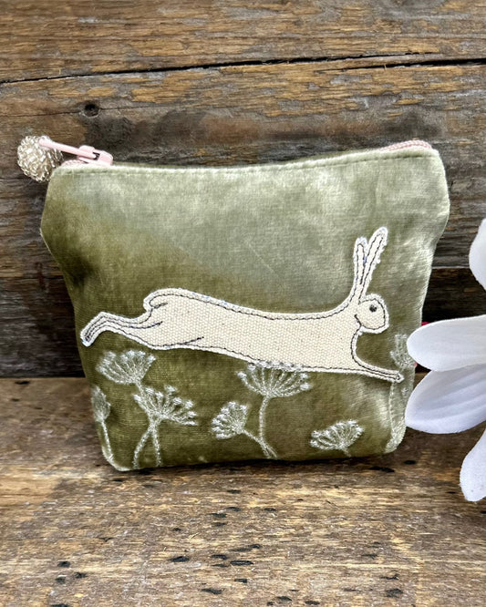 purse Velvet Embroidered Leaping Hare Mini Coin Purse - Pale Sage