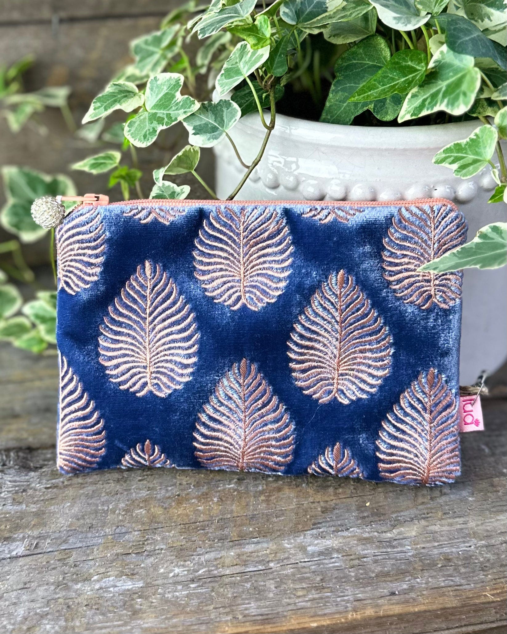 purse Velvet Embroidered Palm Leaf Coin Purse - Denim Blue
