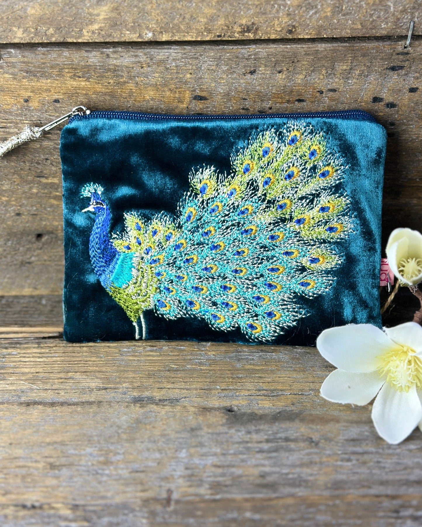 purse Velvet Embroidered Peacock - Teal