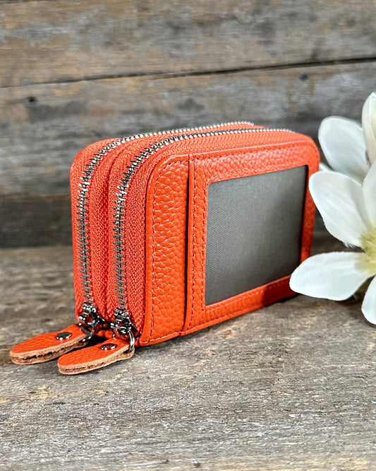 purses Double Zipped Leather Card Holder Purse - Orange