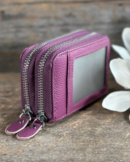 purses Double Zipped Leather Card Holder Purse - Purple
