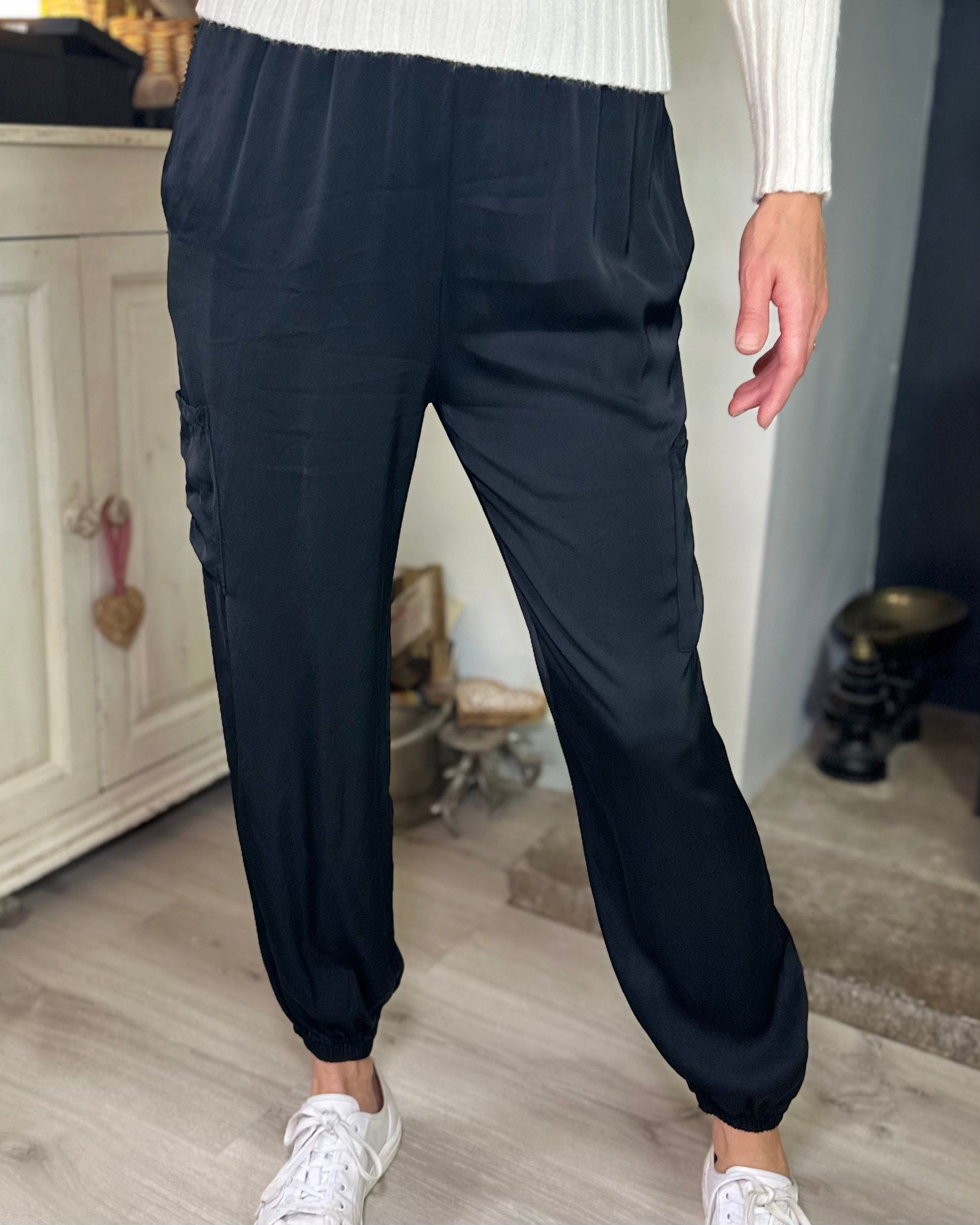 Satin Cargo Style Trousers - Black