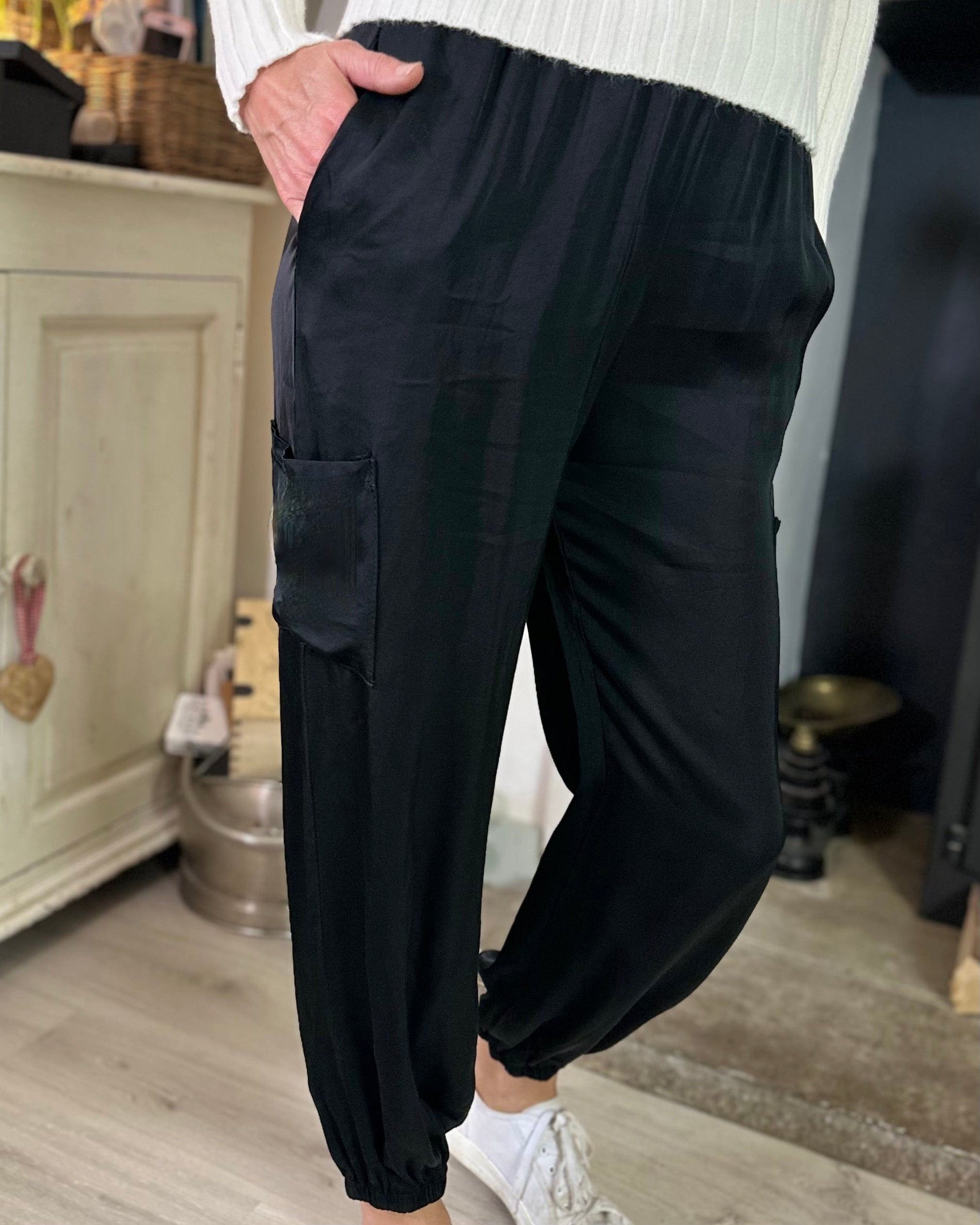 Satin Cargo Style Trousers - Black