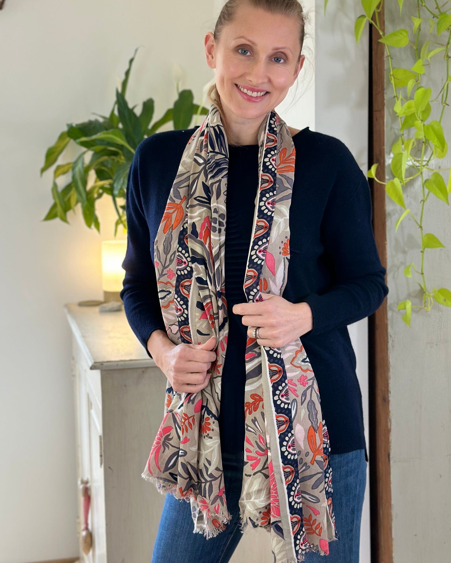 scarf Floral Vines Patterned Recycled Scarf - Navy/Orange/Oatmeal