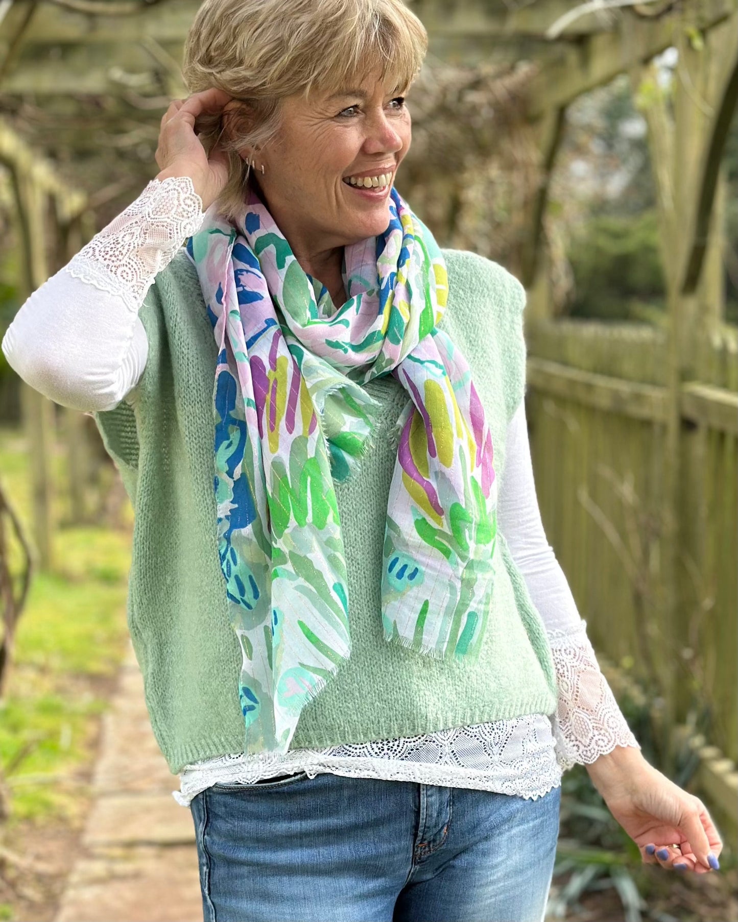 scarf Flower Print Scarf - Blue Mix Floral With Lurex Stripe