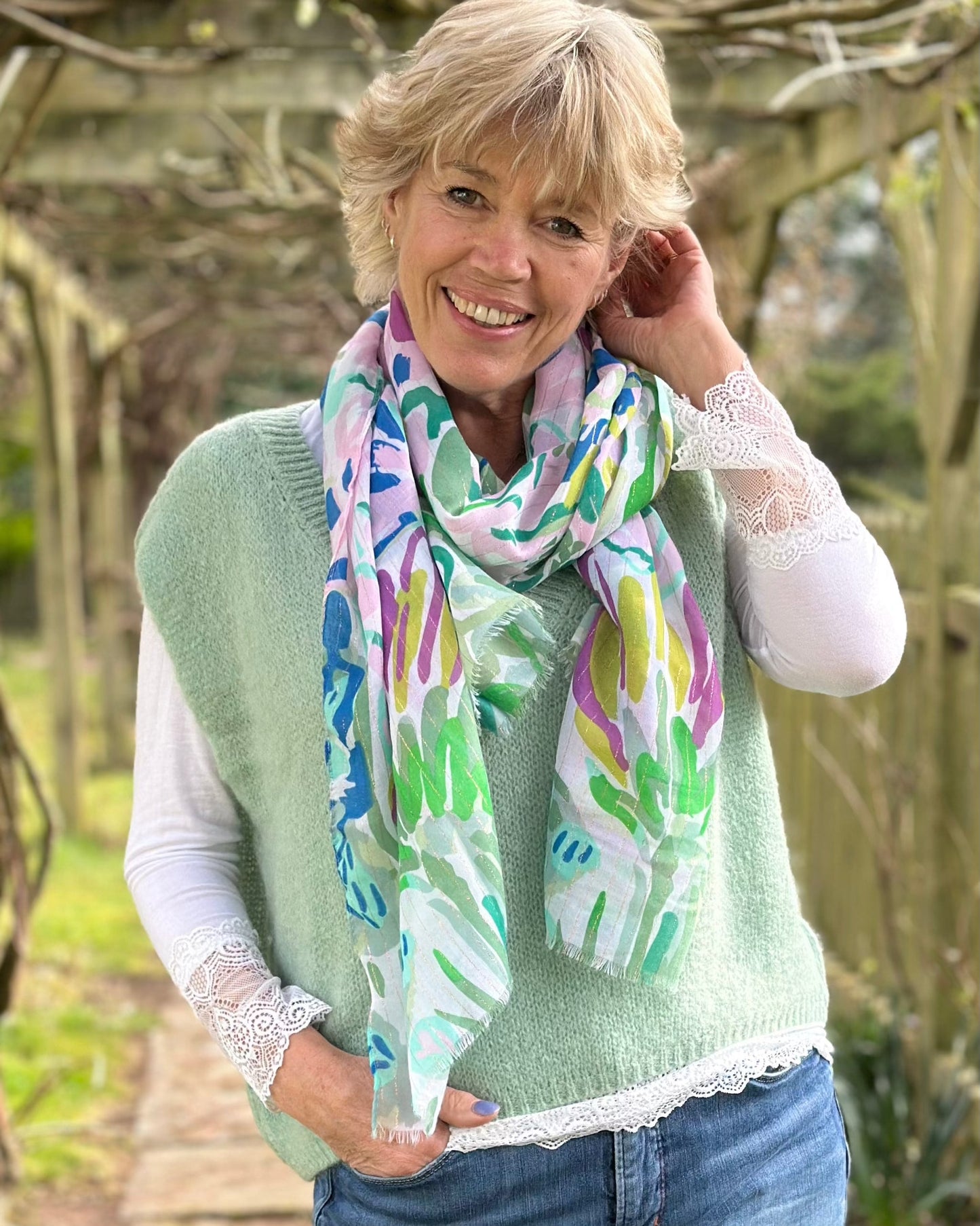 scarf Flower Print Scarf - Blue Mix Floral With Lurex Stripe