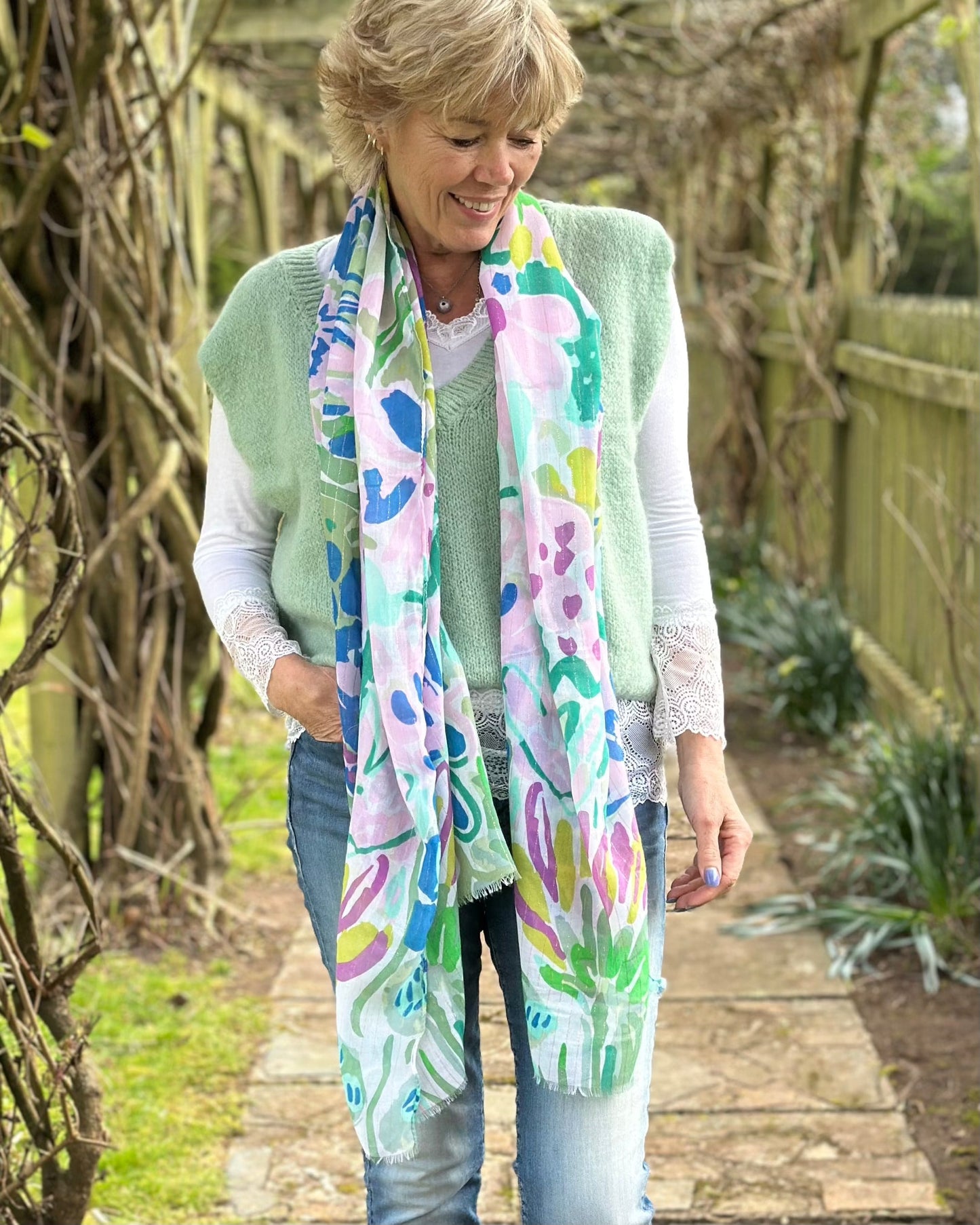 scarf Flower Print Scarf - Blue Mix Floral With Lurex Stripe