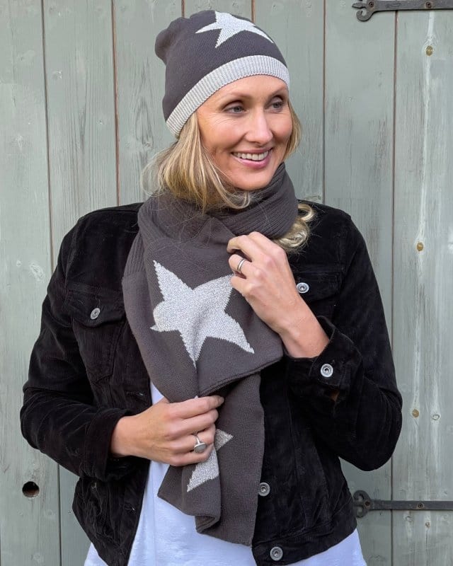 scarf Knitted Cotton Lurex Star Beanie - Charcoal/Pale Grey