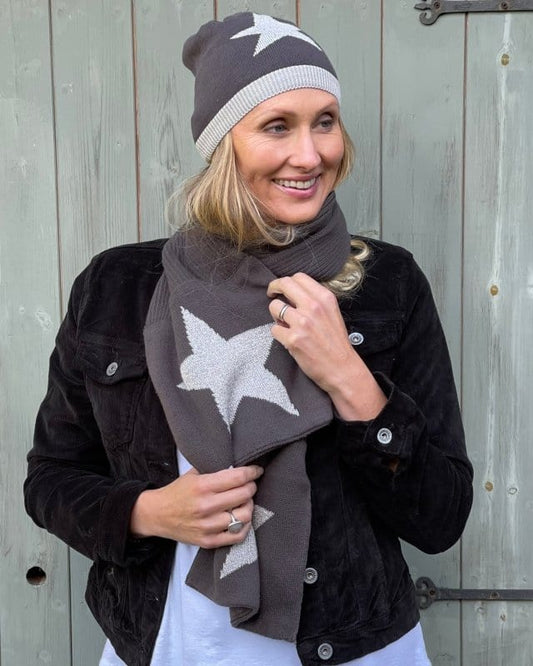 scarf Knitted Cotton Lurex Star Beanie - Charcoal/Pale Grey