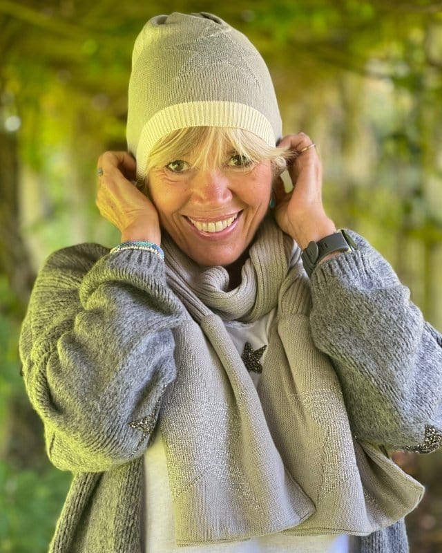 scarf Knitted Cotton Lurex Star Beanie - Pale Grey/Beige