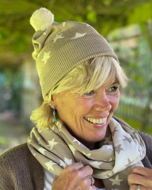scarf Knitted Cotton Stars Pom Pom Beanie - Taupe/Beige