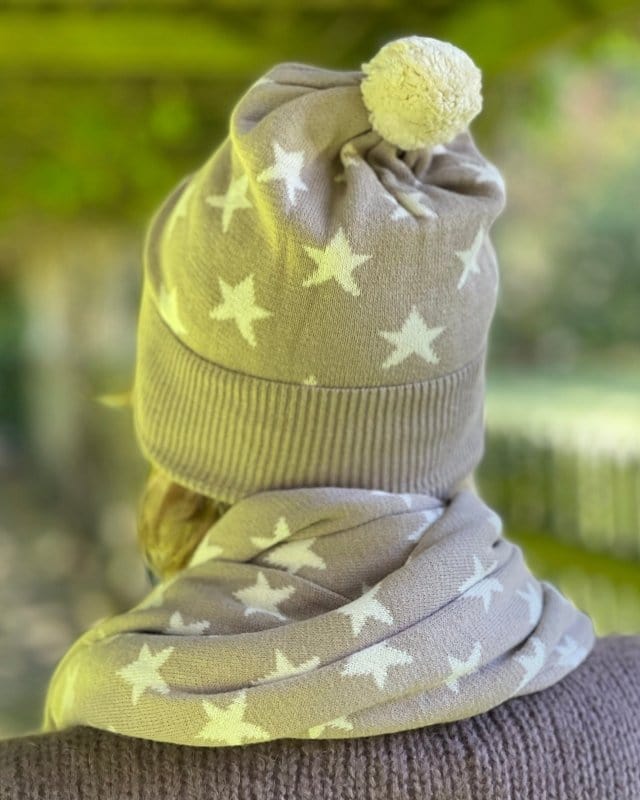 scarf Knitted Cotton Stars Pom Pom Beanie - Taupe/Beige