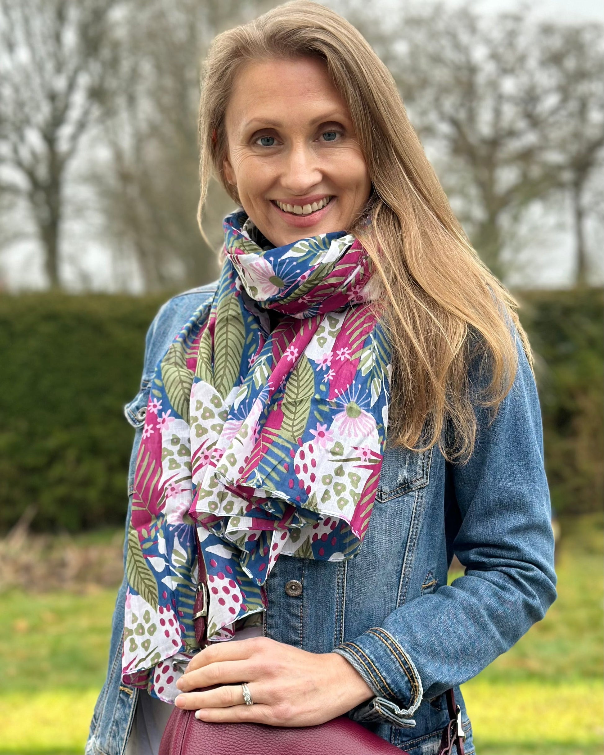 scarf Organic Cotton Botanical Flower Print Scarf - Blue/Green/Purple