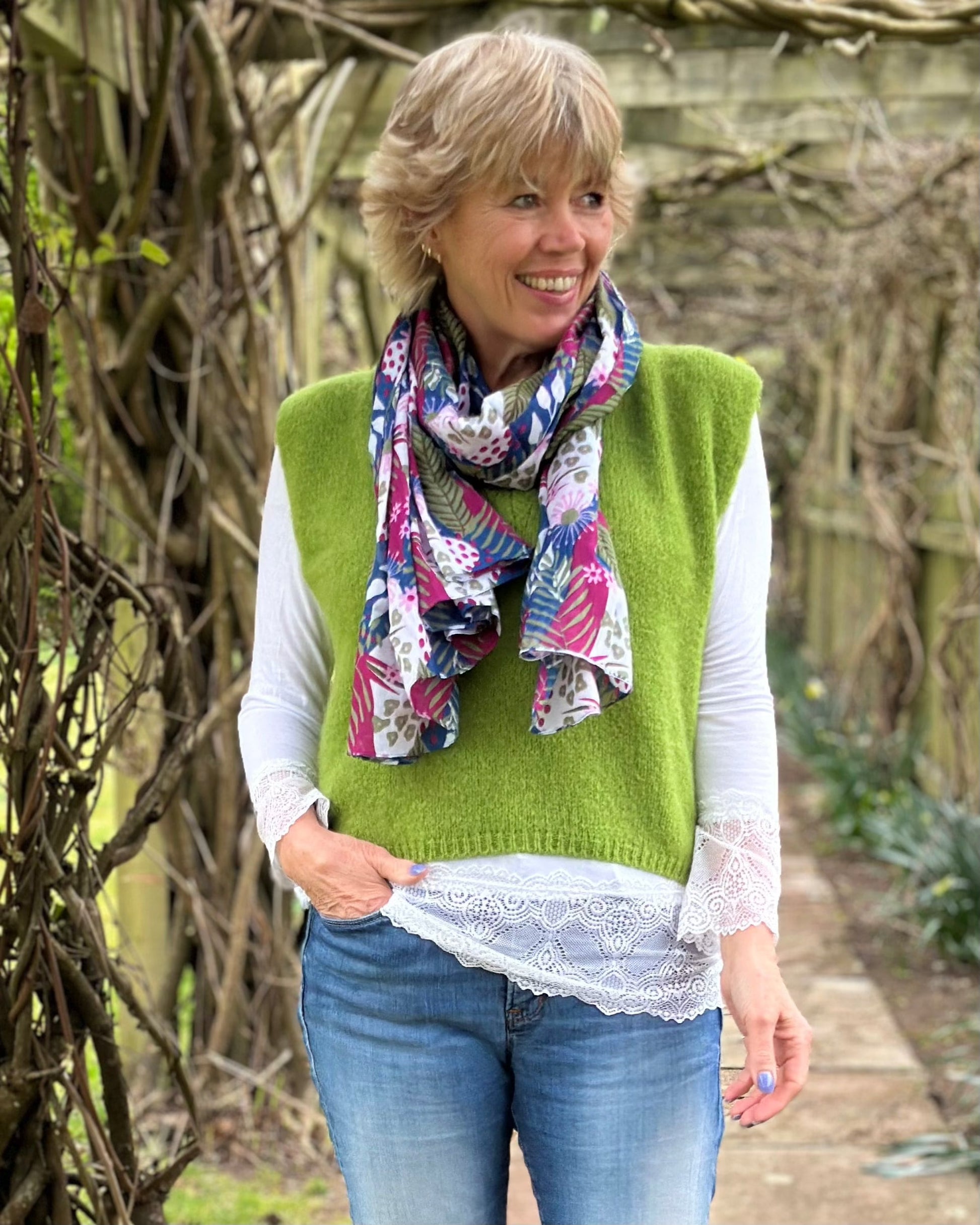 scarf Organic Cotton Botanical Flower Print Scarf - Blue/Green/Purple