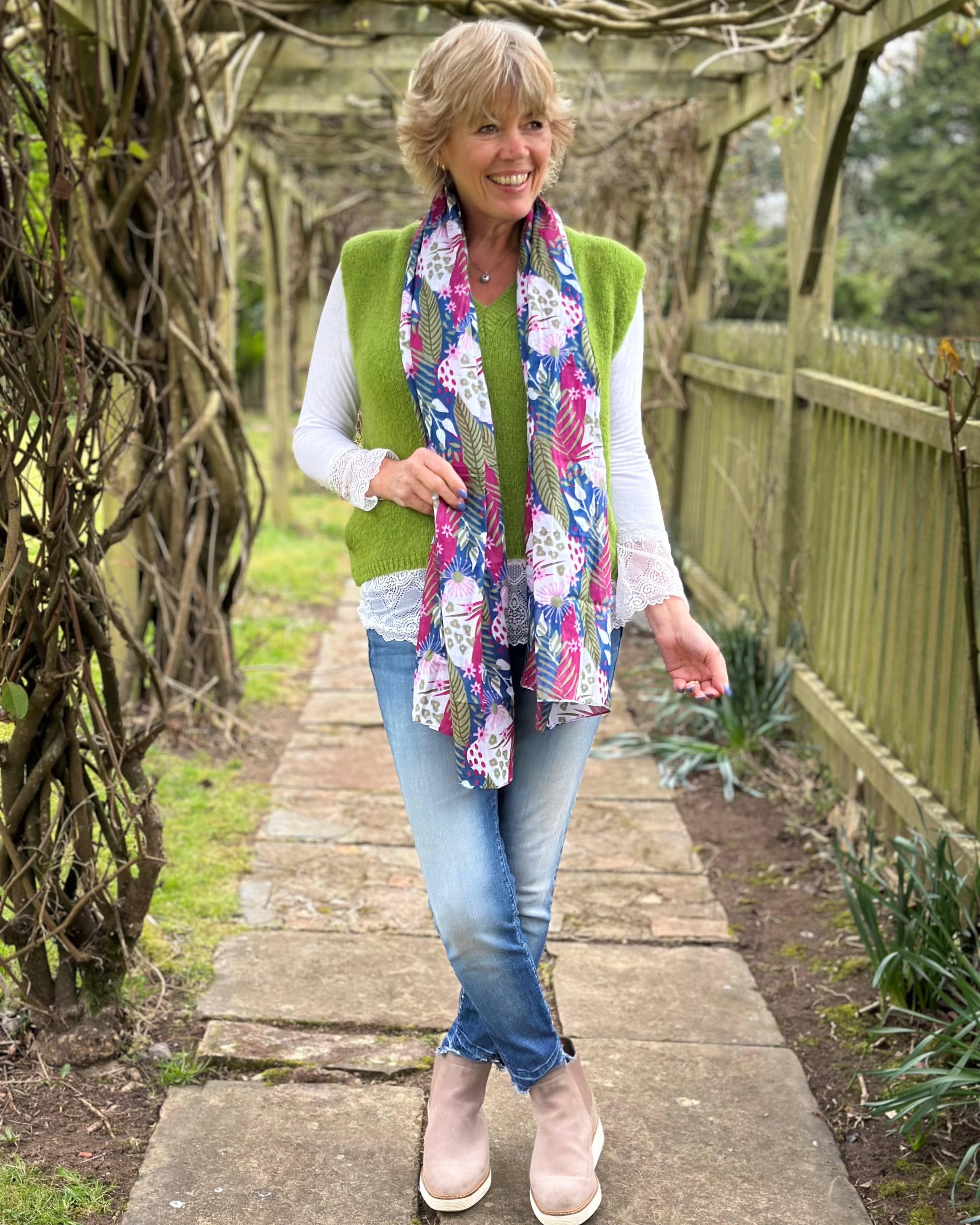 scarf Organic Cotton Botanical Flower Print Scarf - Blue/Green/Purple