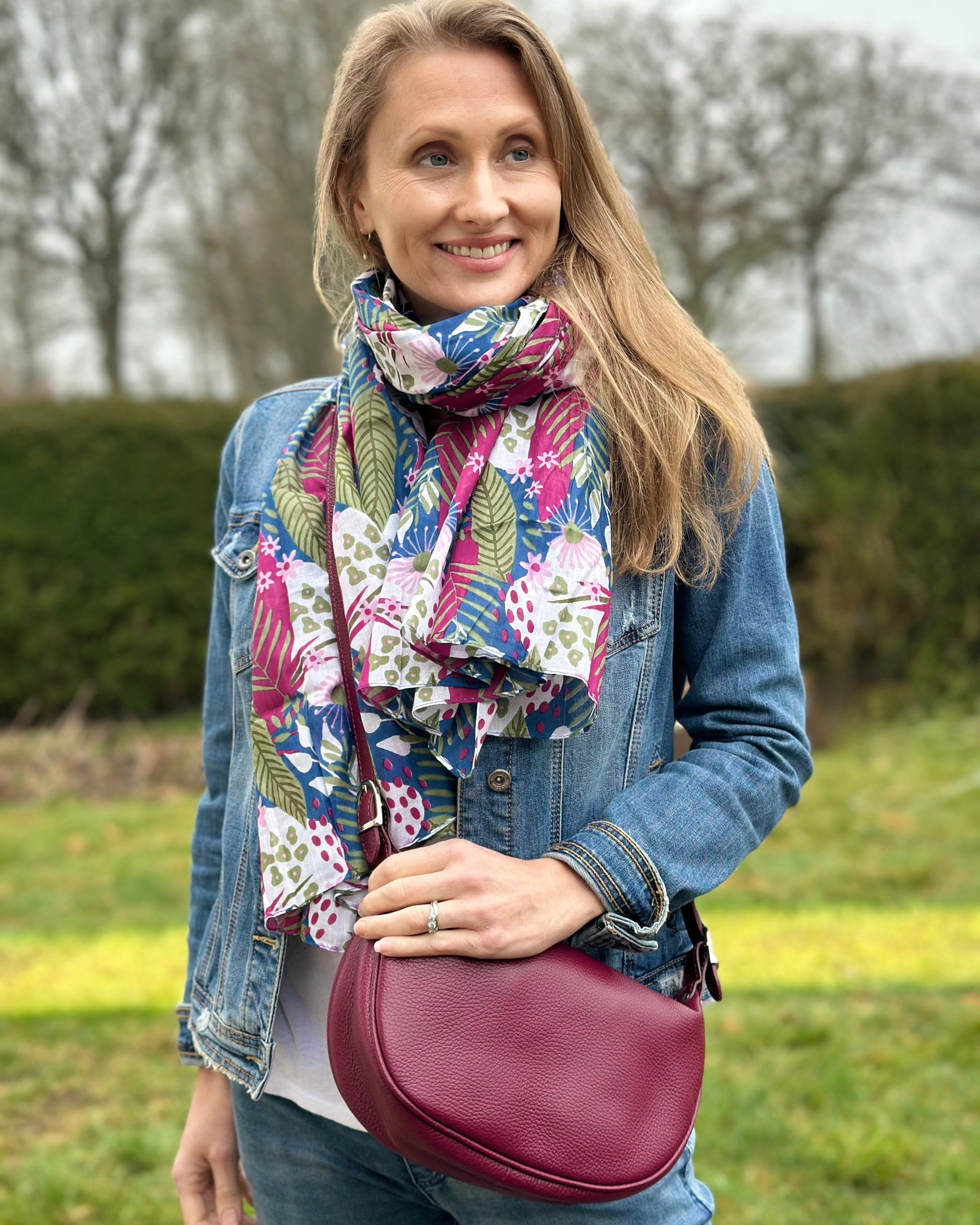 scarf Organic Cotton Botanical Flower Print Scarf - Blue/Green/Purple