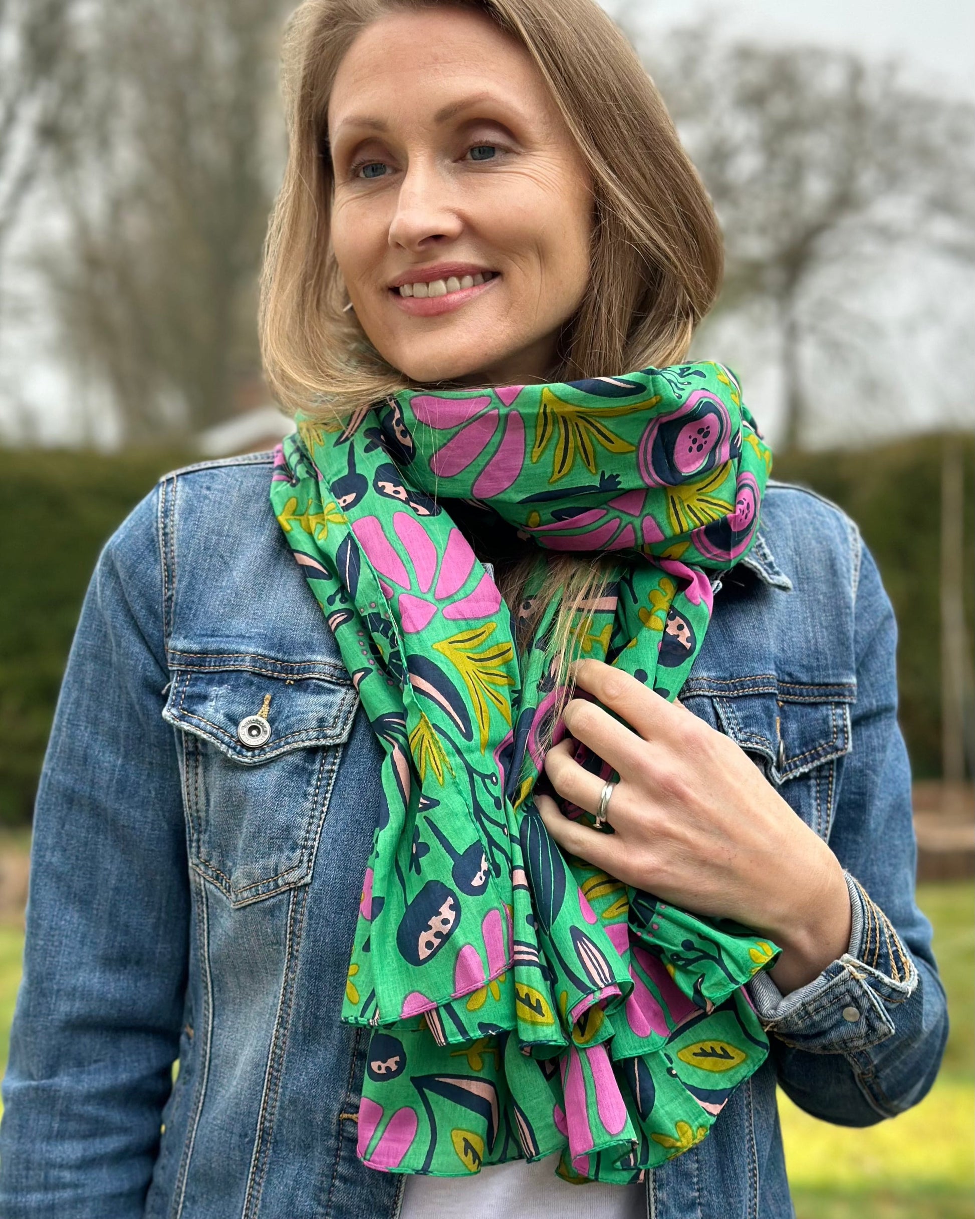 scarf Organic Cotton Flower Print Scarf - Green/Pink Meadow