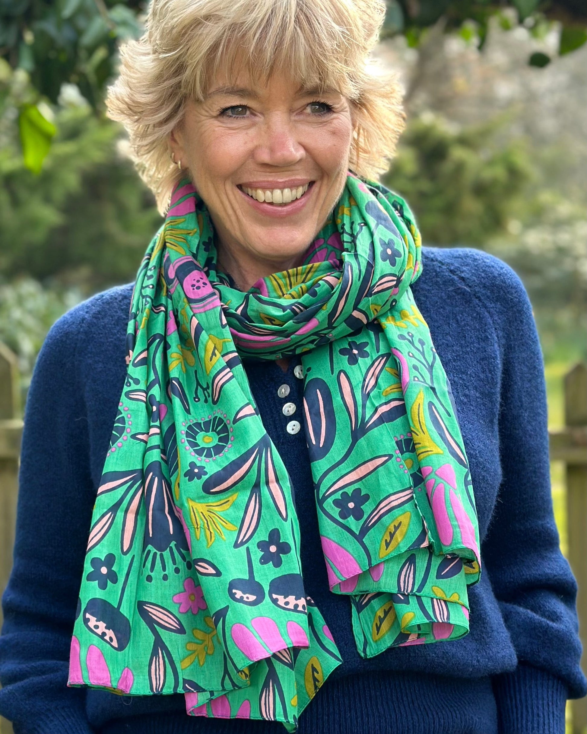 scarf Organic Cotton Flower Print Scarf - Green/Pink Meadow