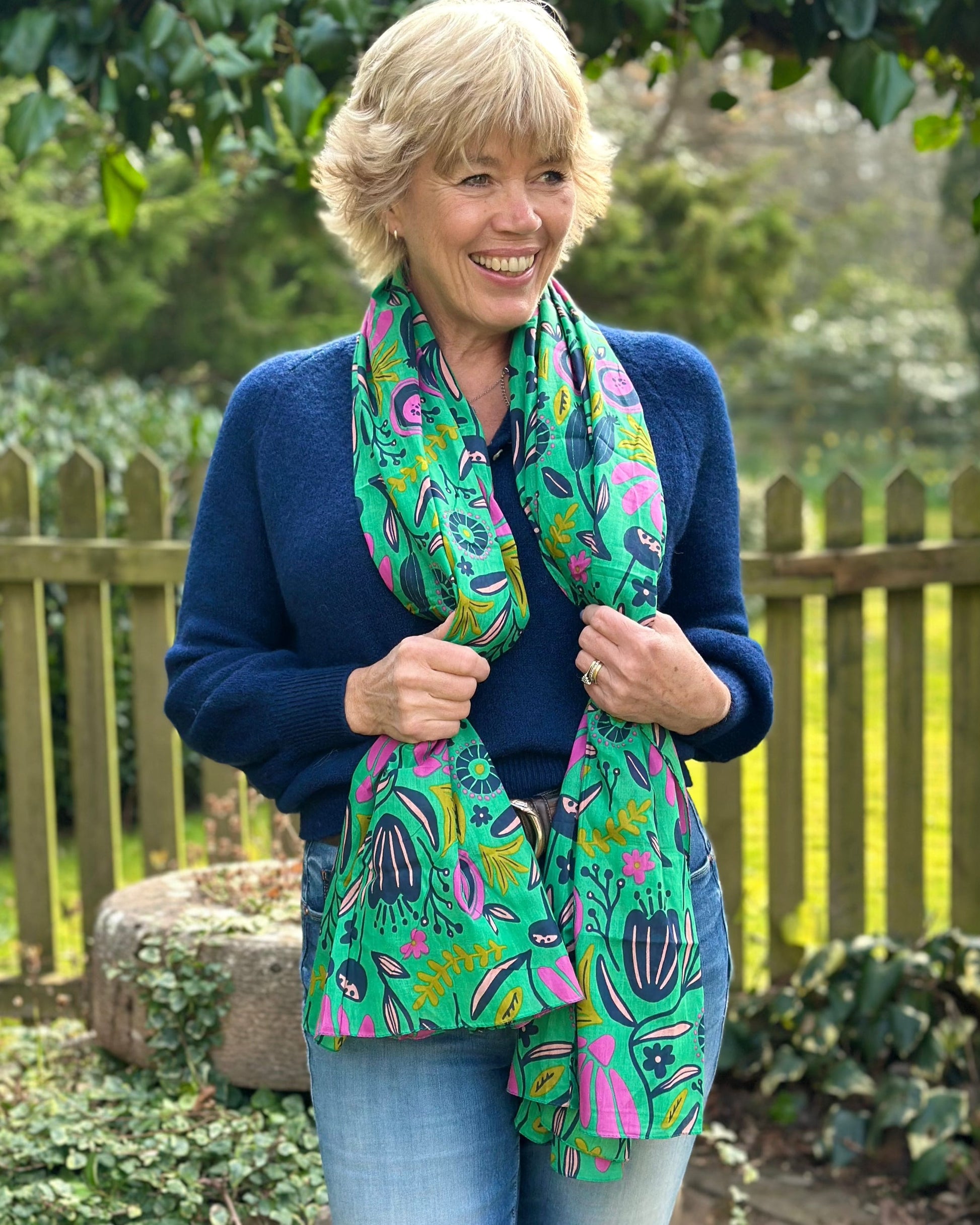 scarf Organic Cotton Flower Print Scarf - Green/Pink Meadow