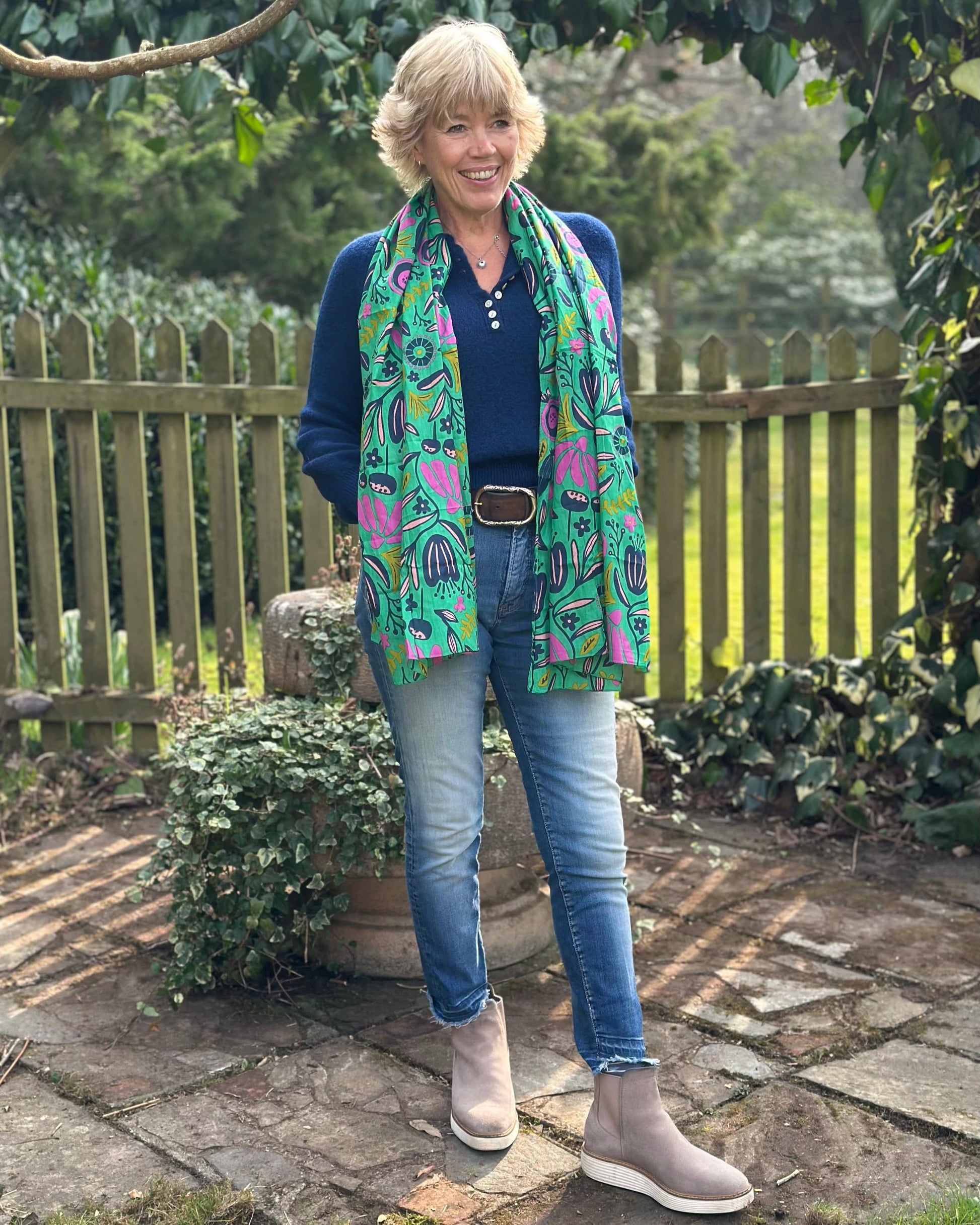 scarf Organic Cotton Flower Print Scarf - Green/Pink Meadow