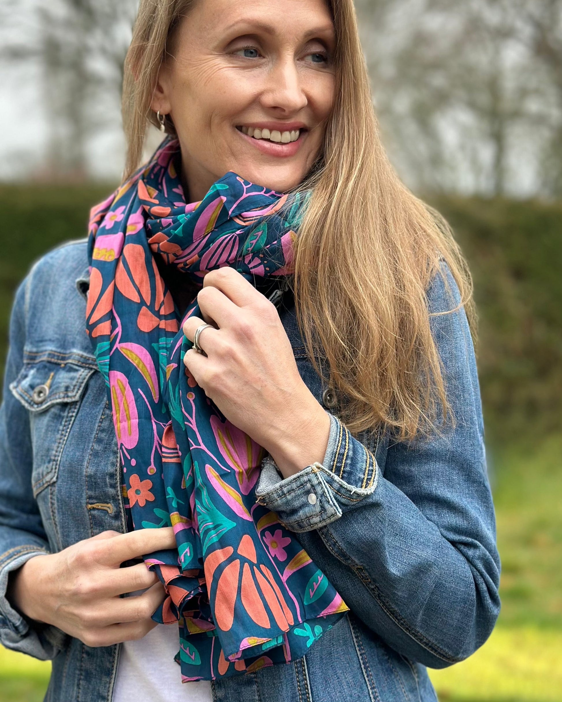 scarf Organic Cotton Flower Print Scarf - Navy/Pinks