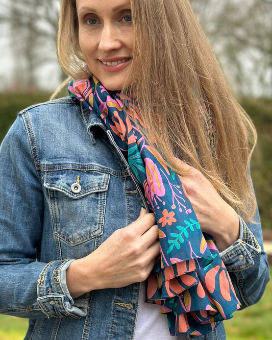 scarf Organic Cotton Flower Print Scarf - Navy/Pinks