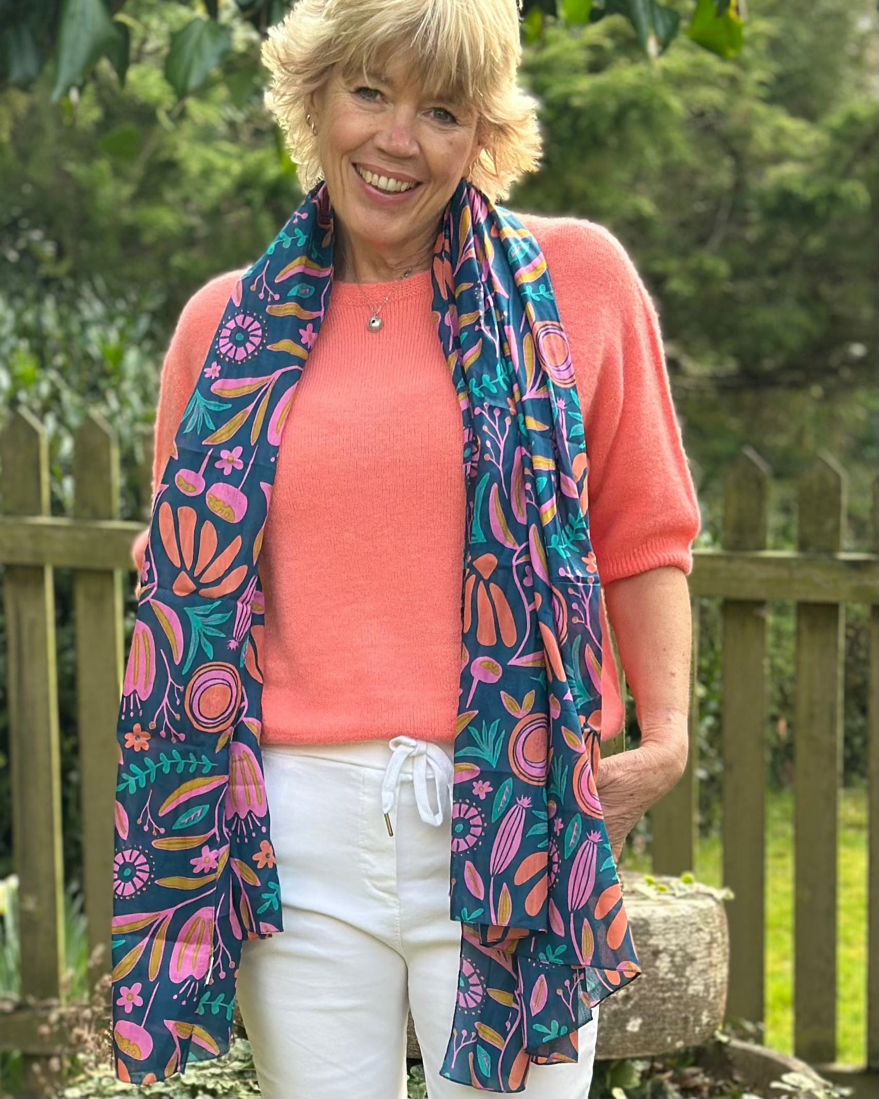 scarf Organic Cotton Flower Print Scarf - Navy/Pinks