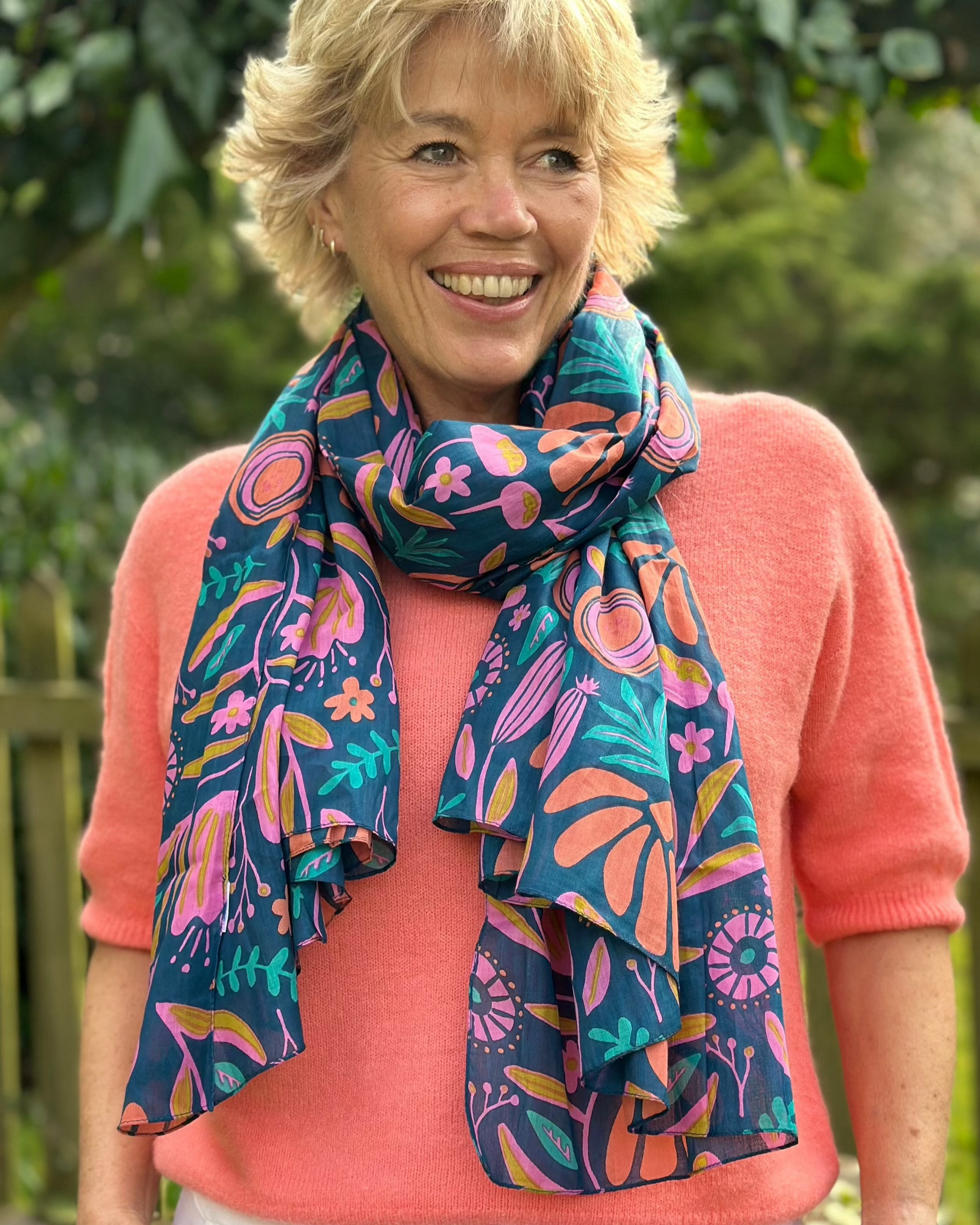 scarf Organic Cotton Flower Print Scarf - Navy/Pinks