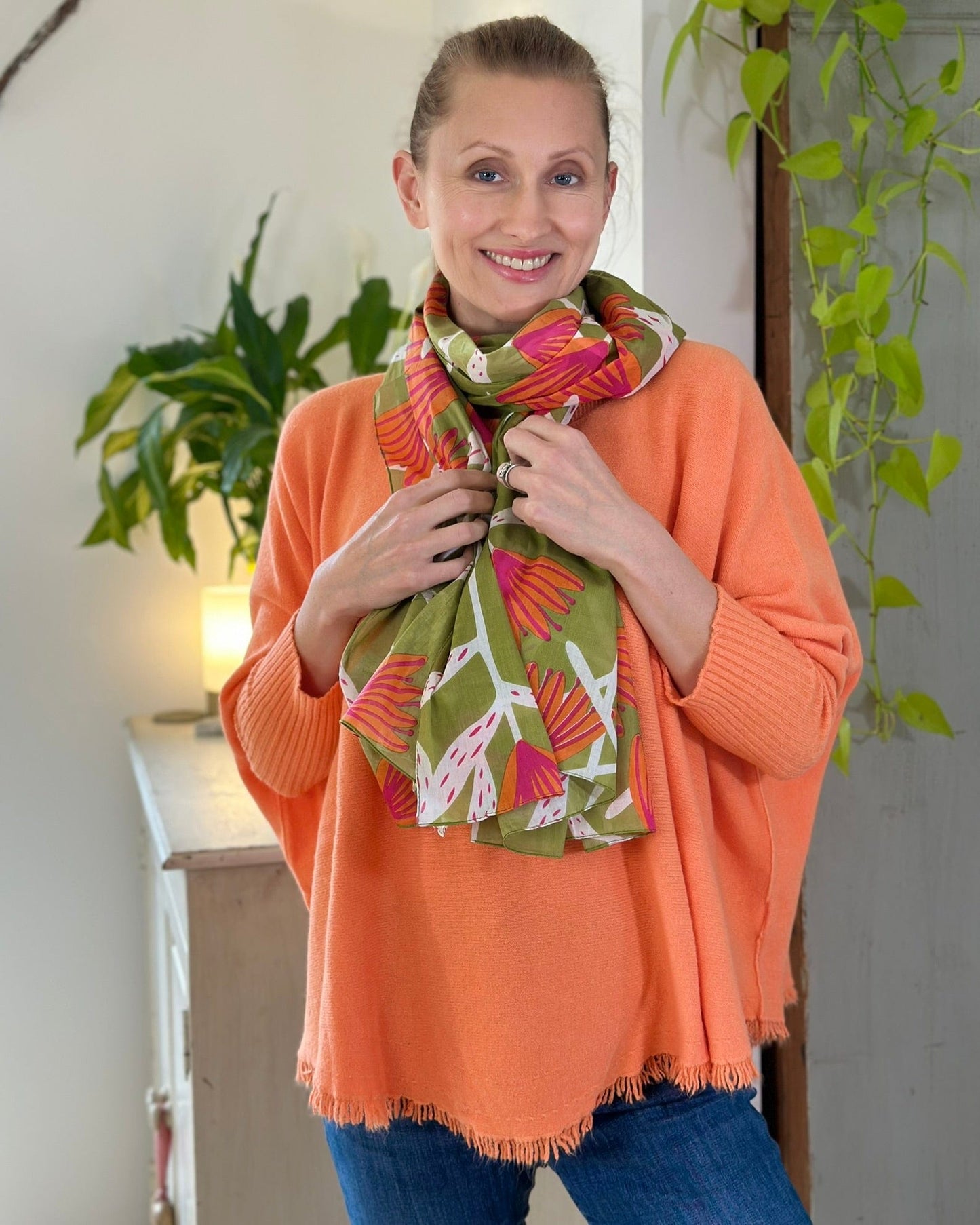 scarf Organic Cotton Flower Print Scarf - Orange/Green