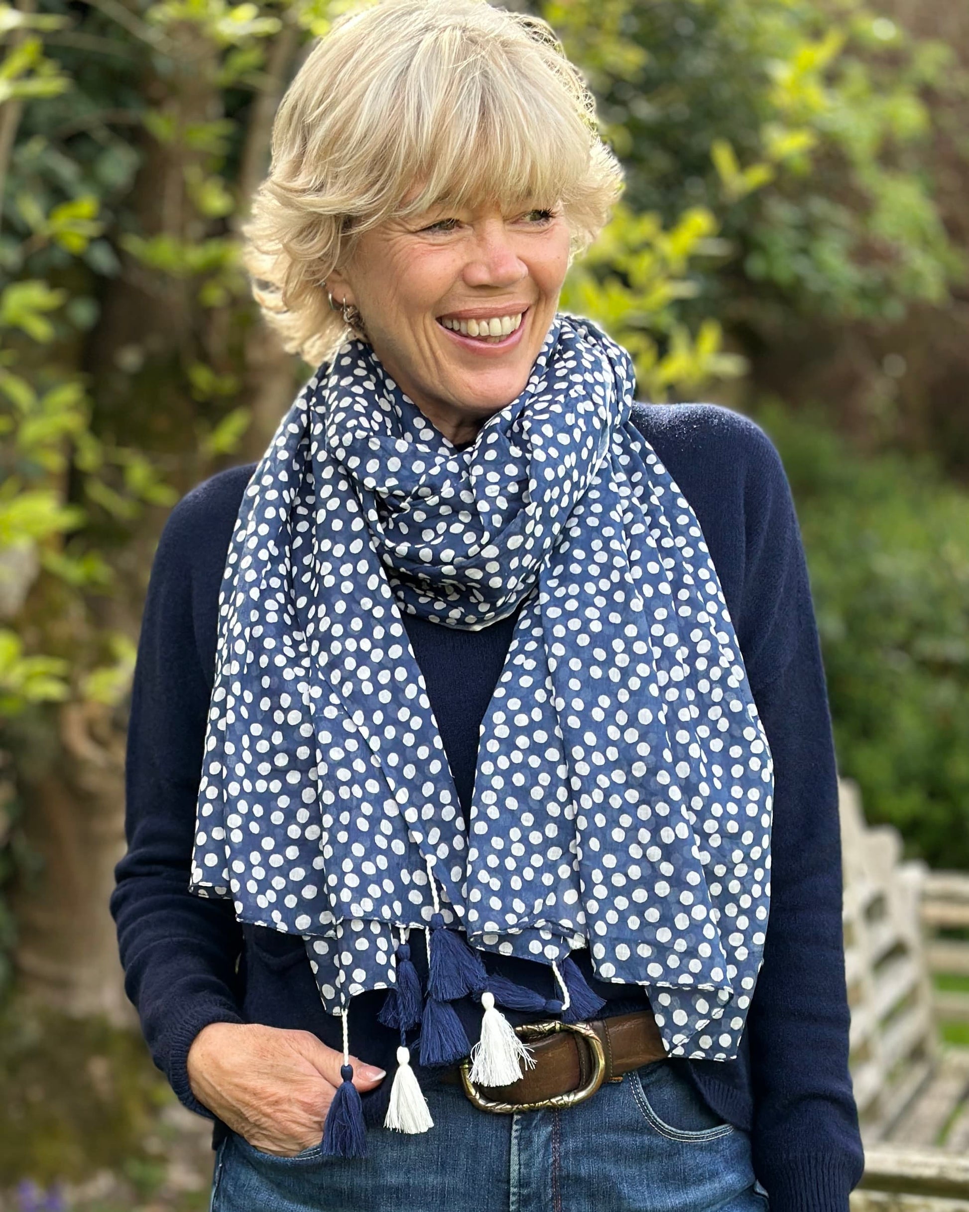 scarf Organic Cotton Print Scarf - Navy Polka Dot With Tassels