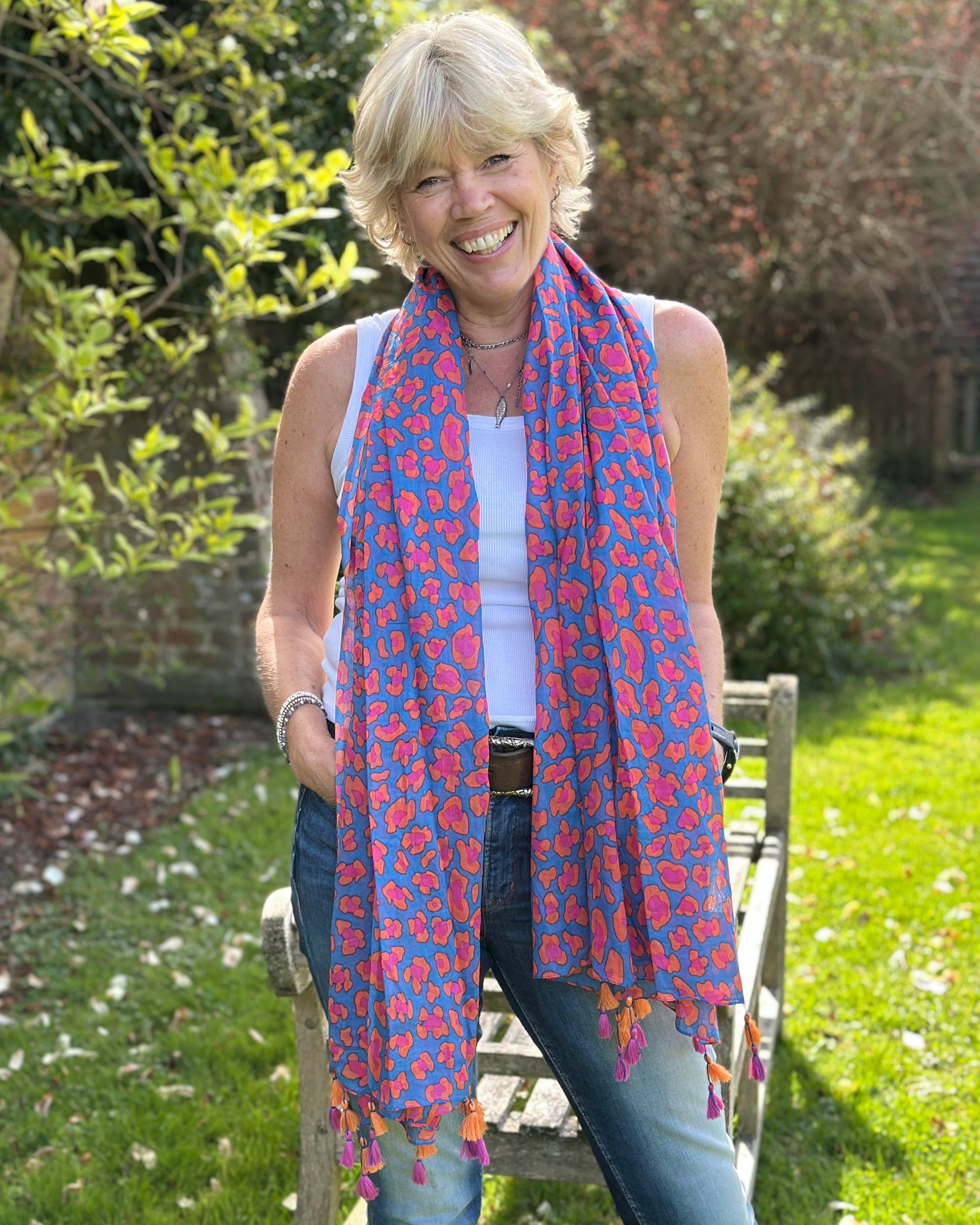 scarf Organic Cotton Print Scarf - Pink/Blue Camo With Tassels