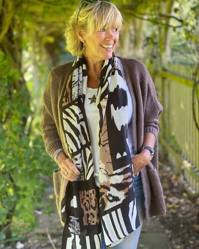 Recycled Animal Print Scarf Black And Camel