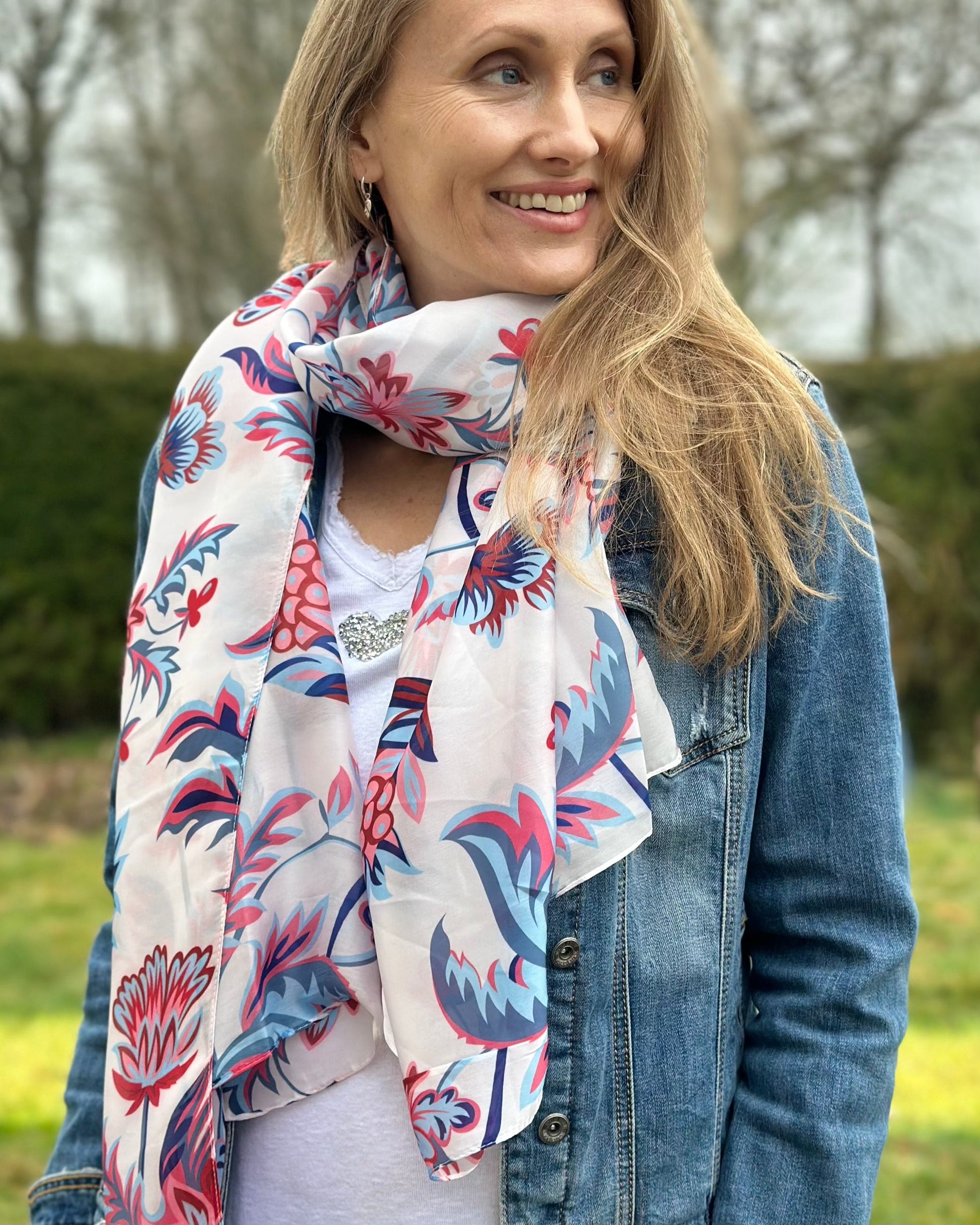 scarf Recycled Silky Scarf - Blue/Red Flower Print