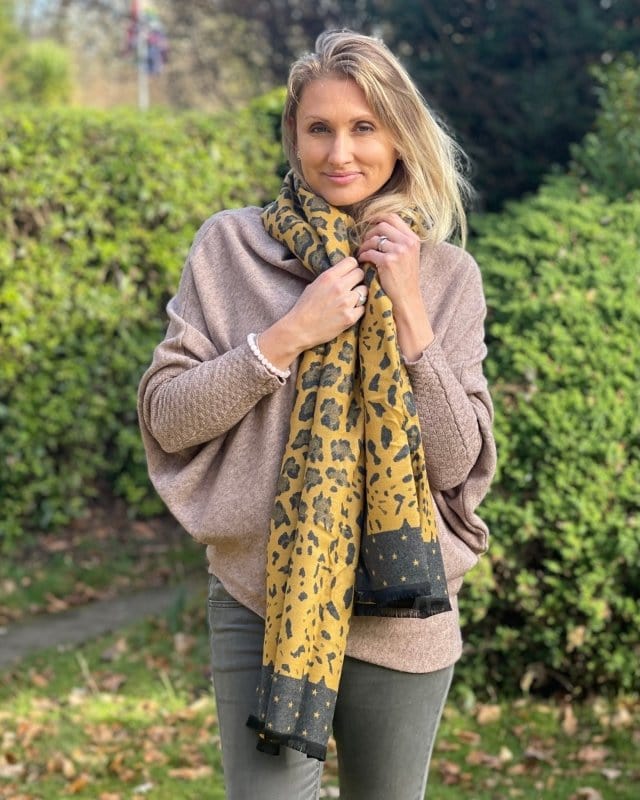 Reversible Leopard Print Scarf - Mustard And Grey - LavenderLime scarf