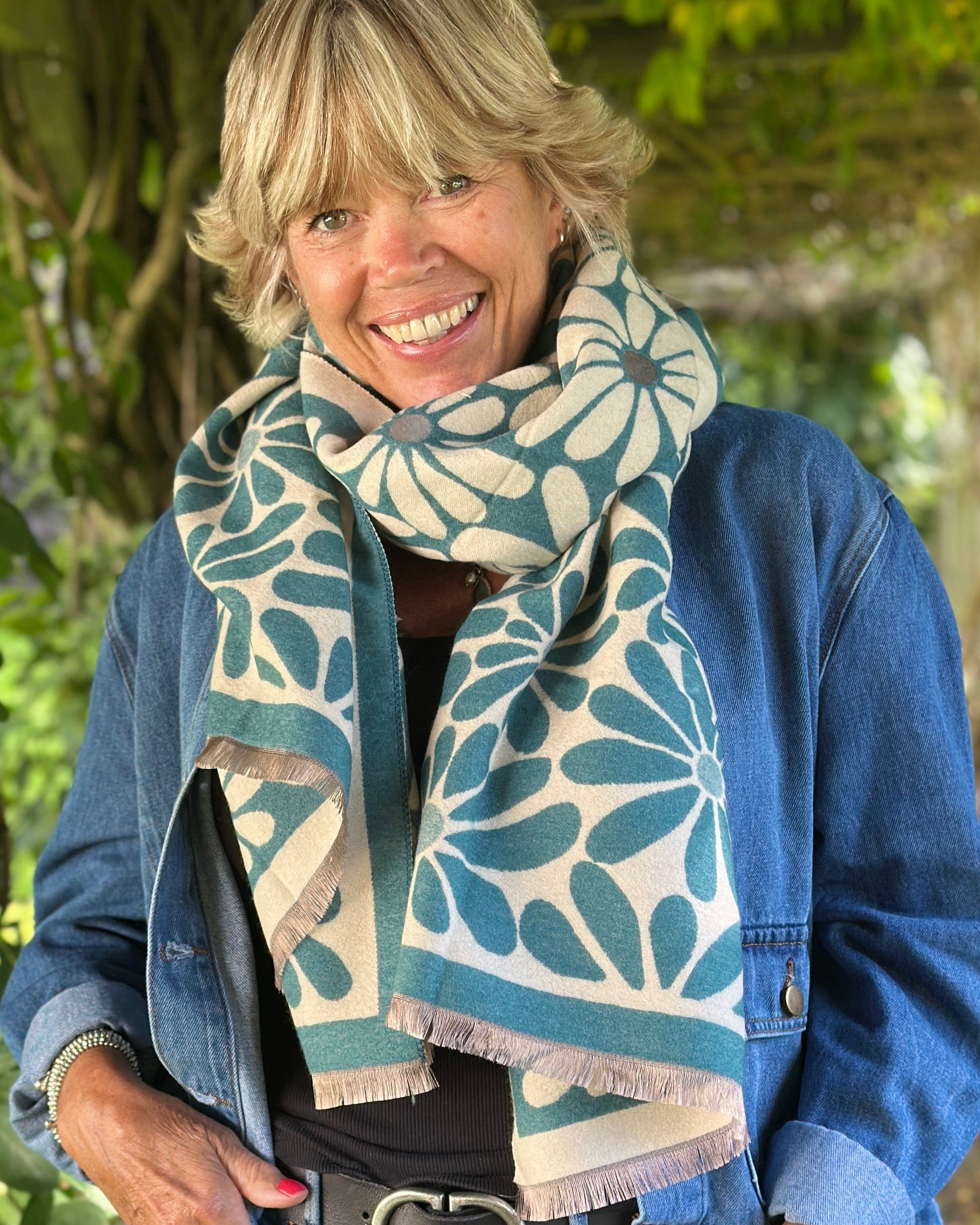 scarf Reversible Retro Daisy Print Scarf - Teal/Ecru