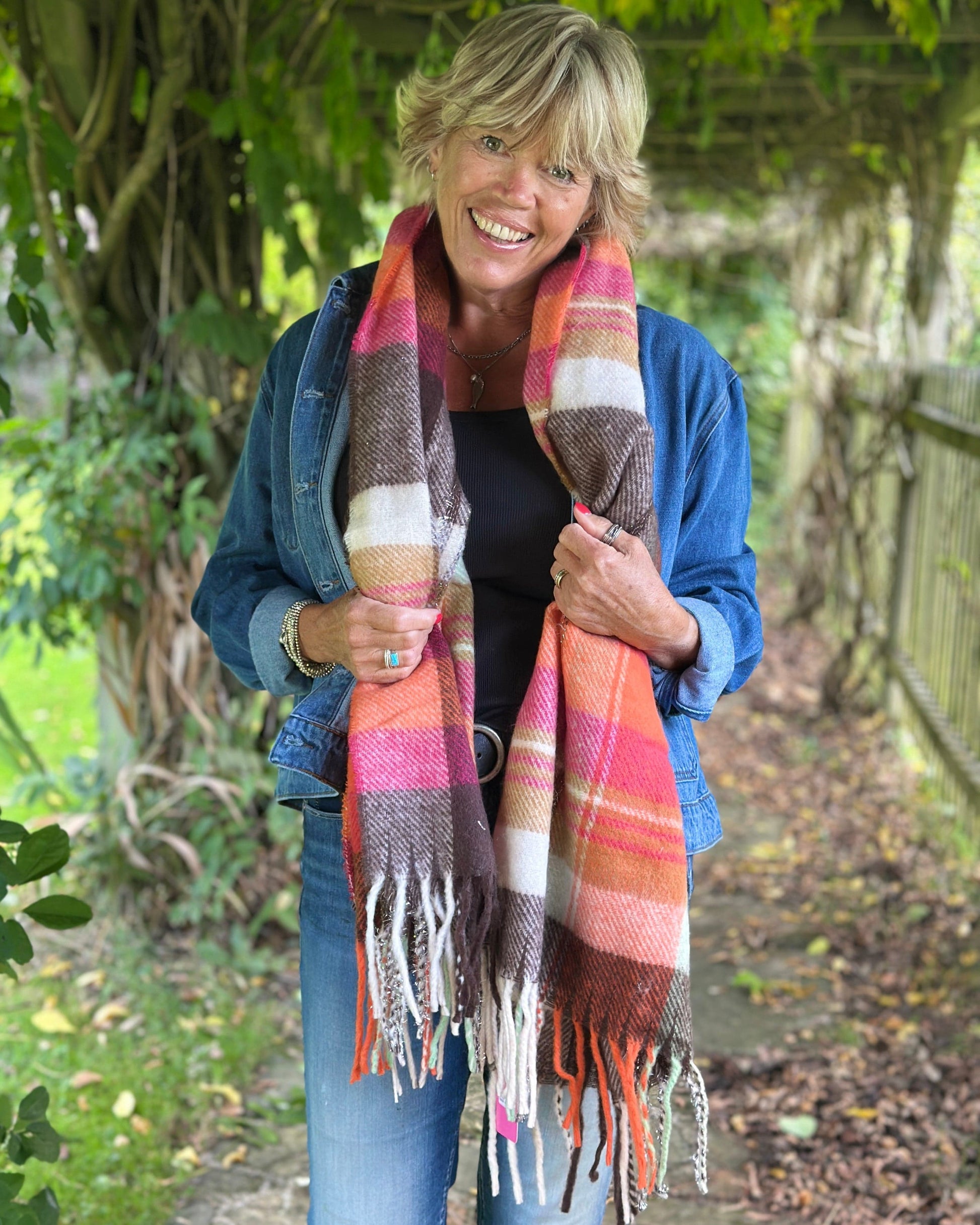 Scarves Cosy Winter Check Scarf - Orange/Cream/Browns/Pink