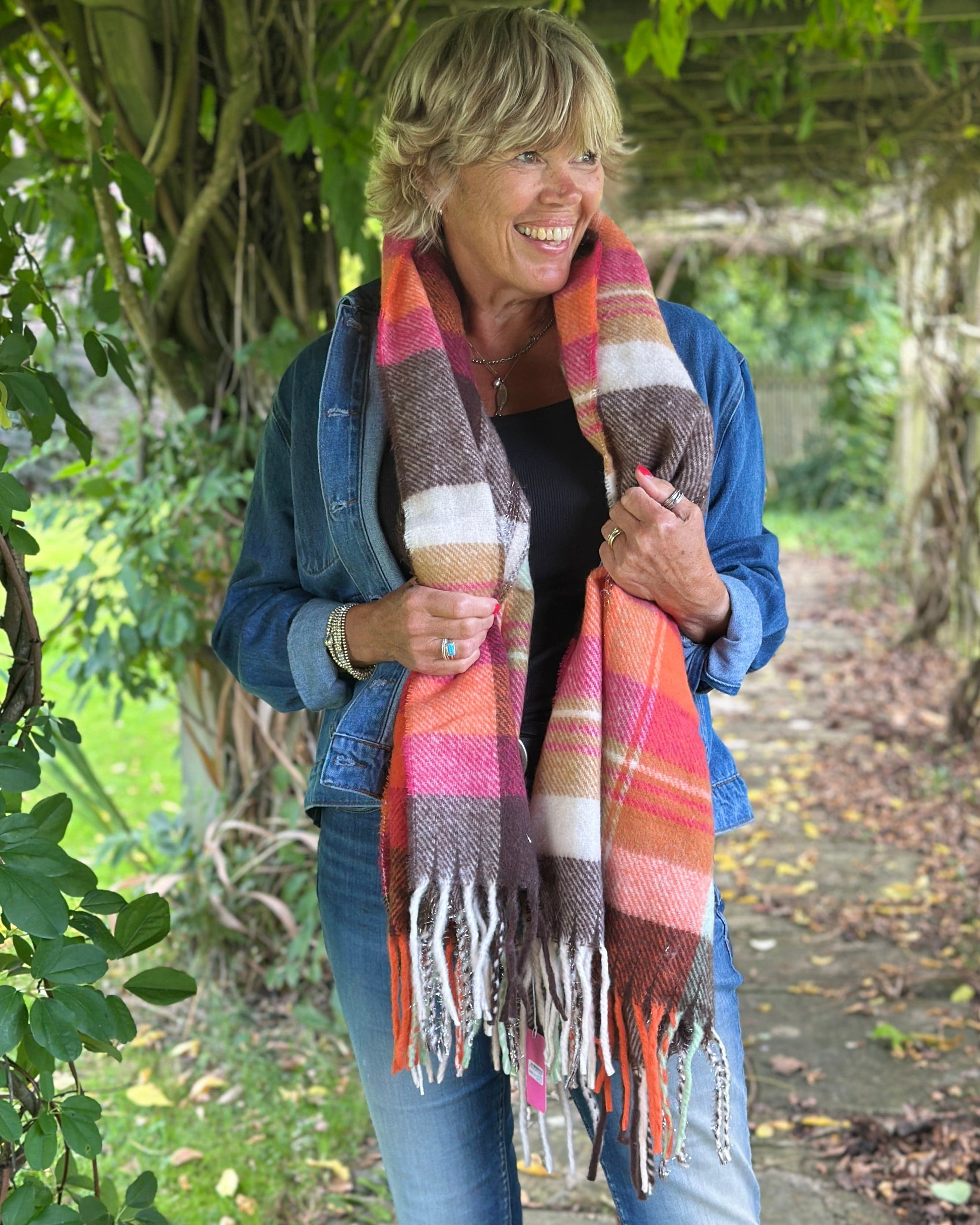 Scarves Cosy Winter Check Scarf - Orange/Cream/Browns/Pink