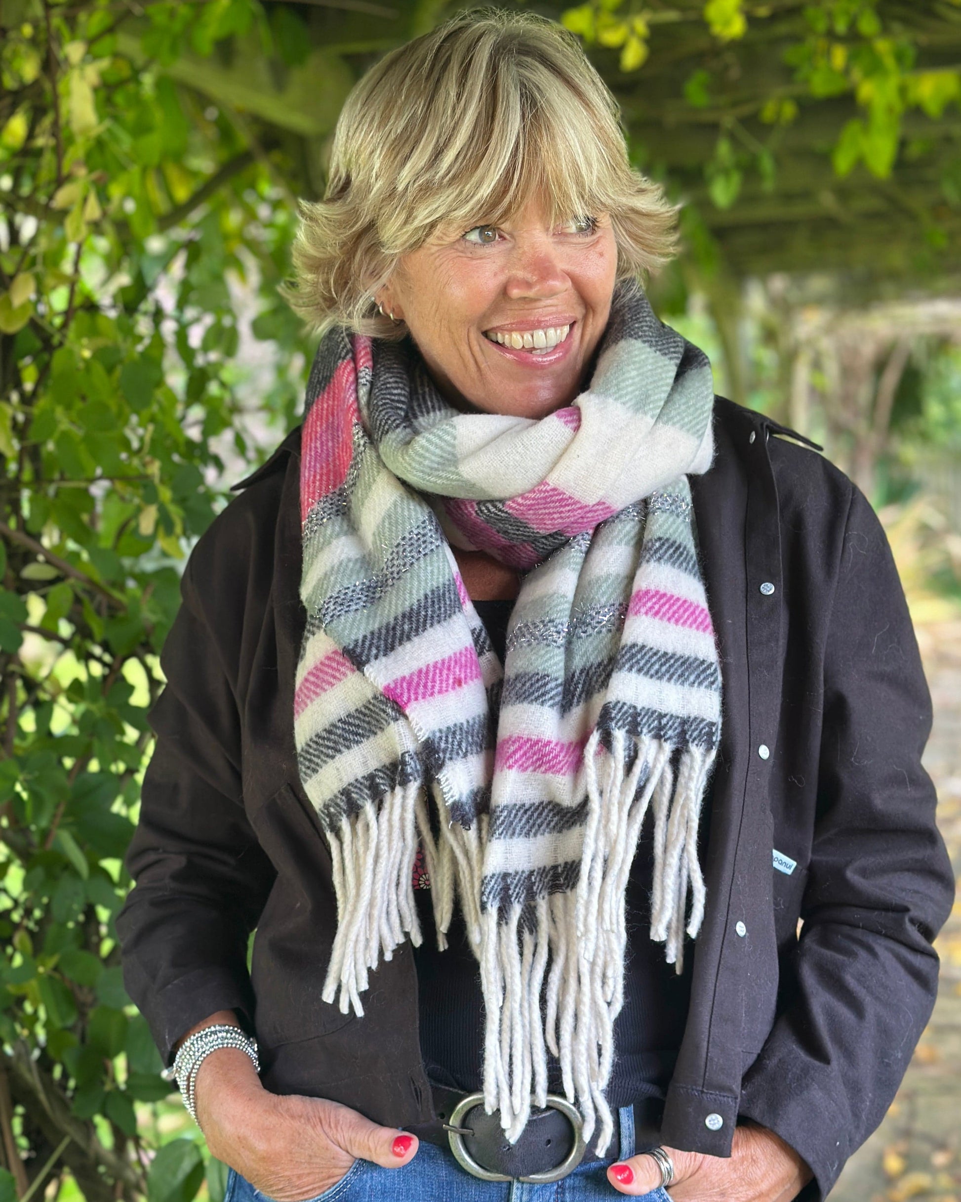 Scarves Cosy Winter Stripe Scarf - Magenta/Black