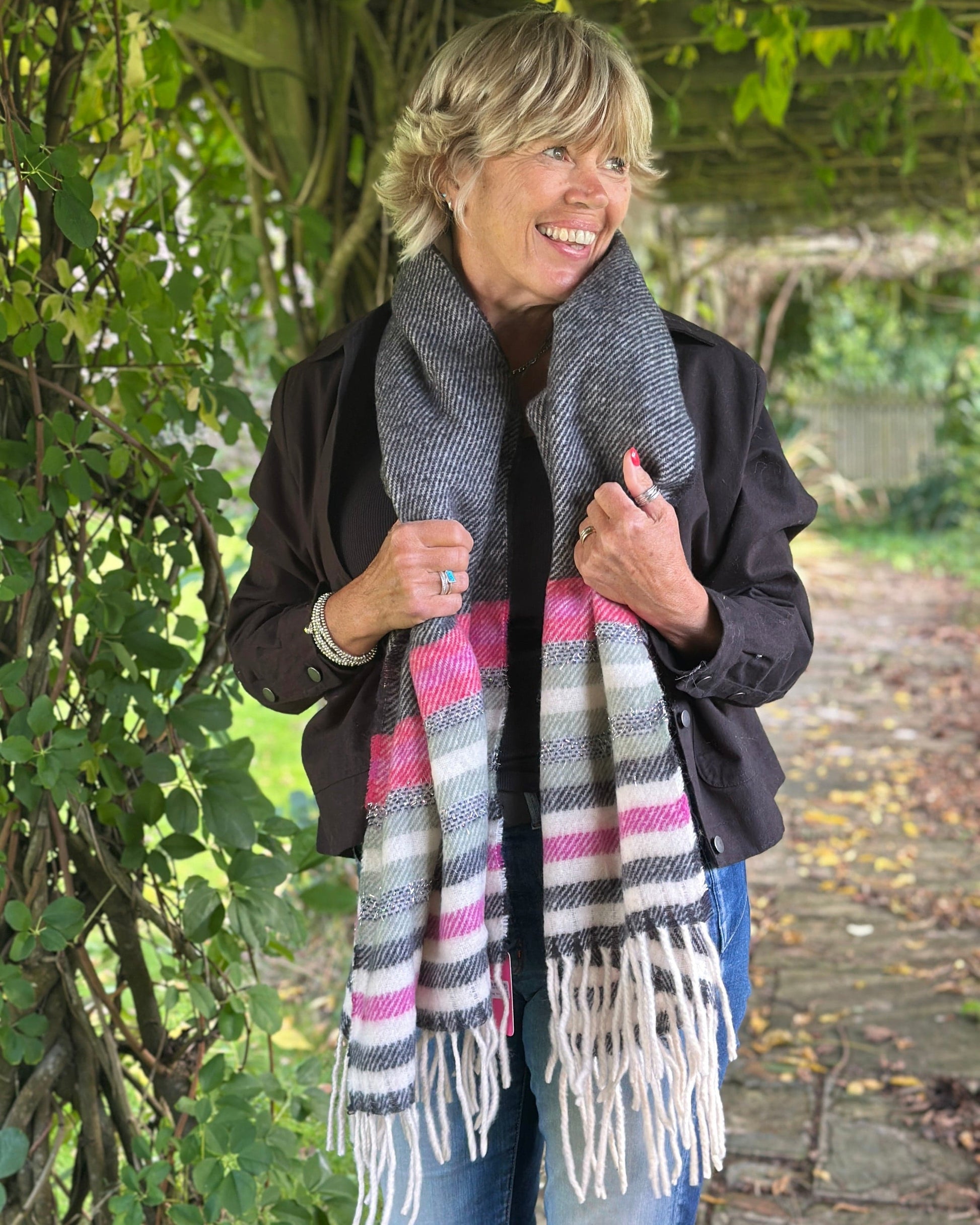 Scarves Cosy Winter Stripe Scarf - Magenta/Black