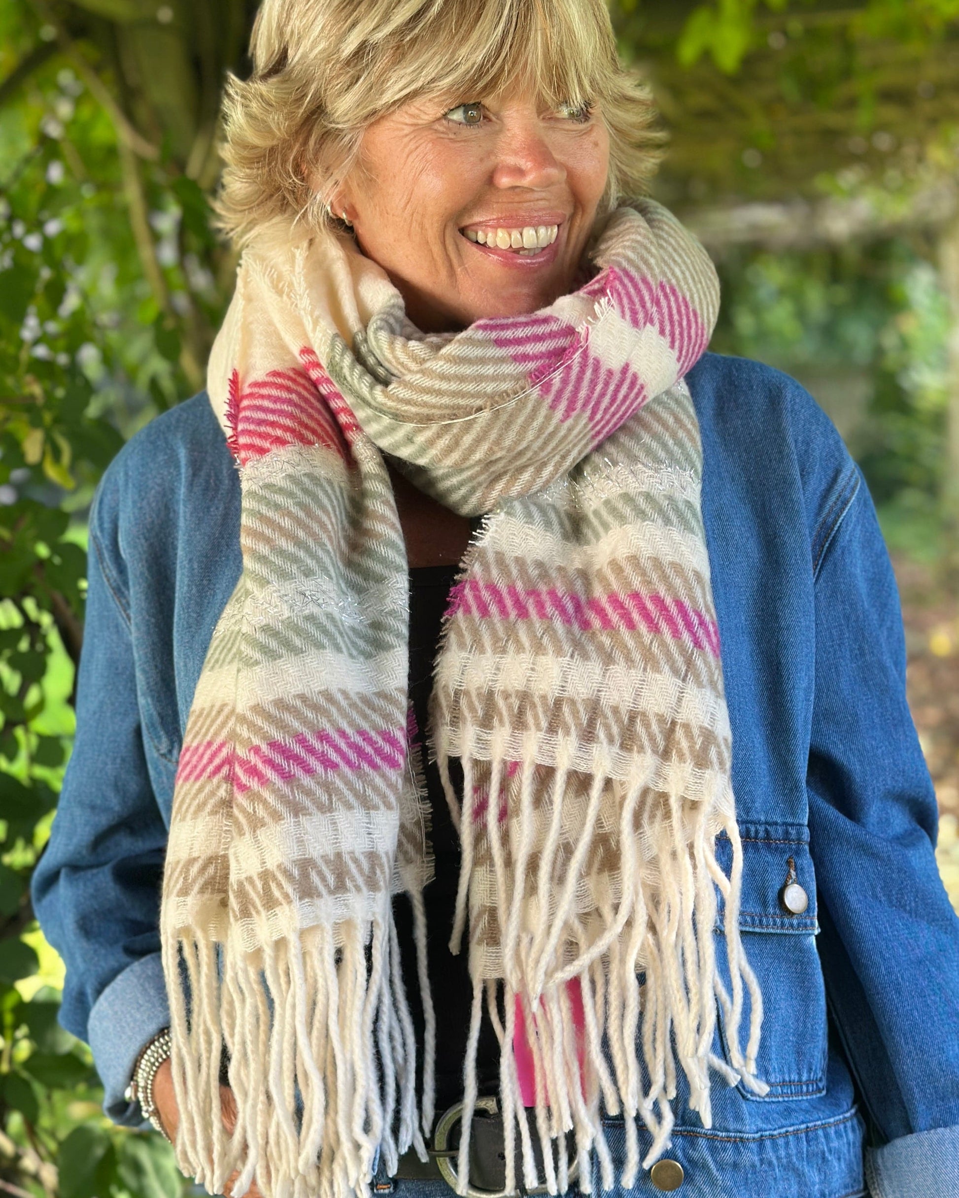 Scarves Cosy Winter Stripe Scarf - Magenta/Cream/Grey
