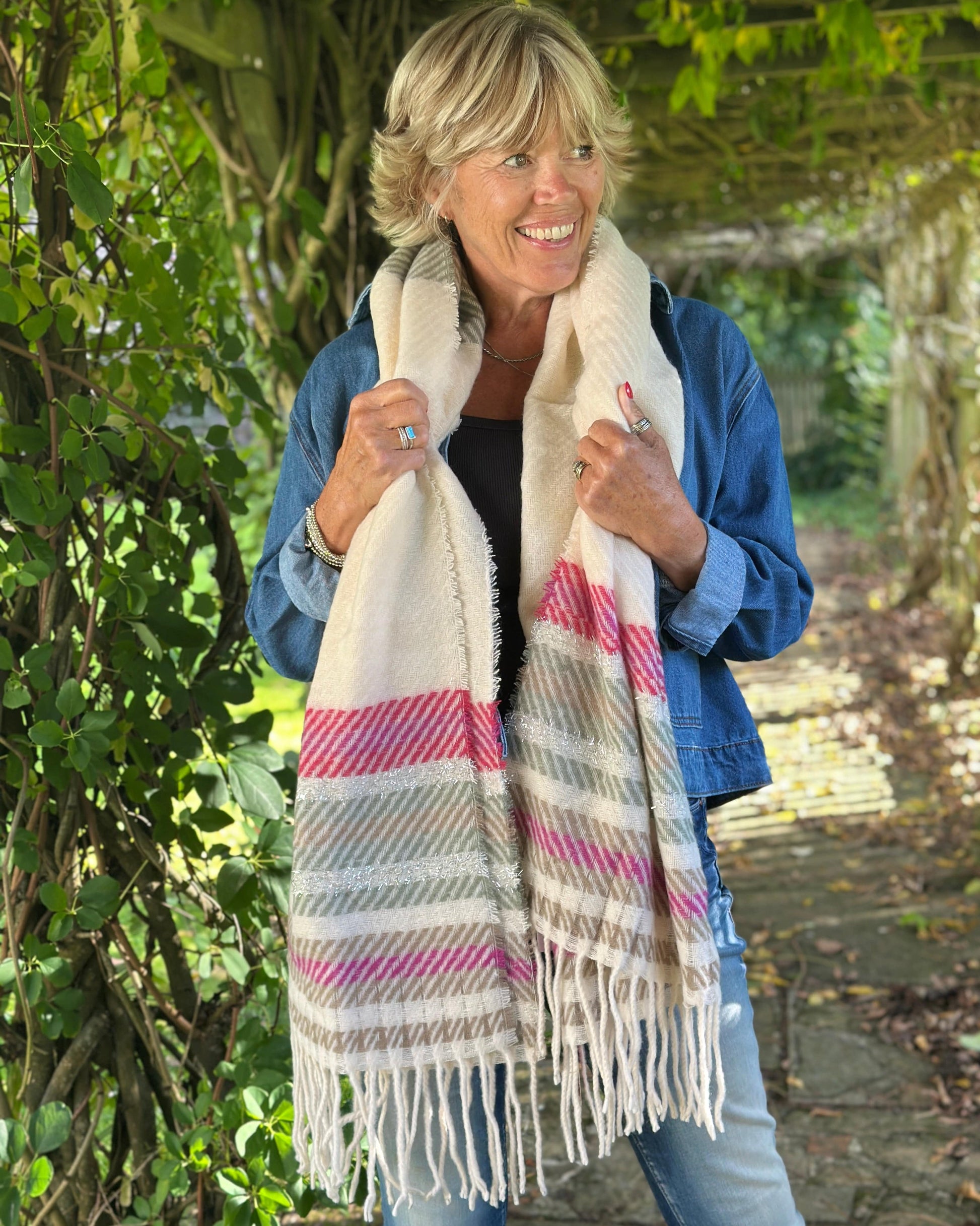 Scarves Cosy Winter Stripe Scarf - Magenta/Cream/Grey