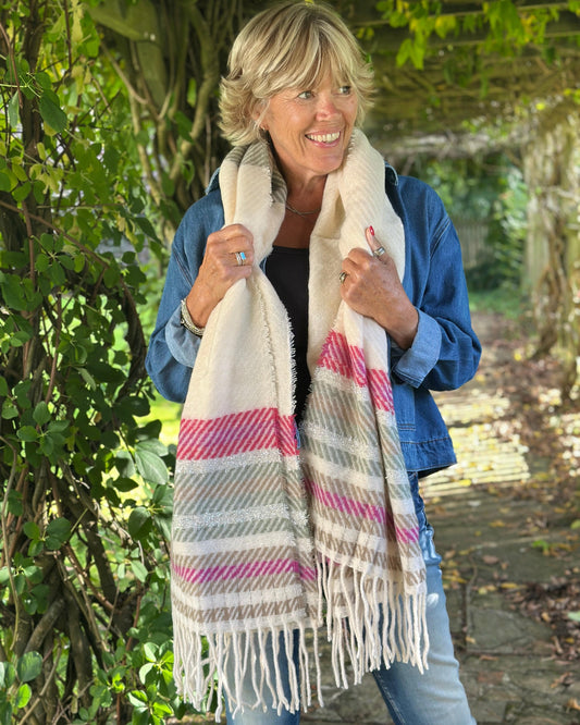 Scarves Cosy Winter Stripe Scarf - Magenta/Cream/Grey