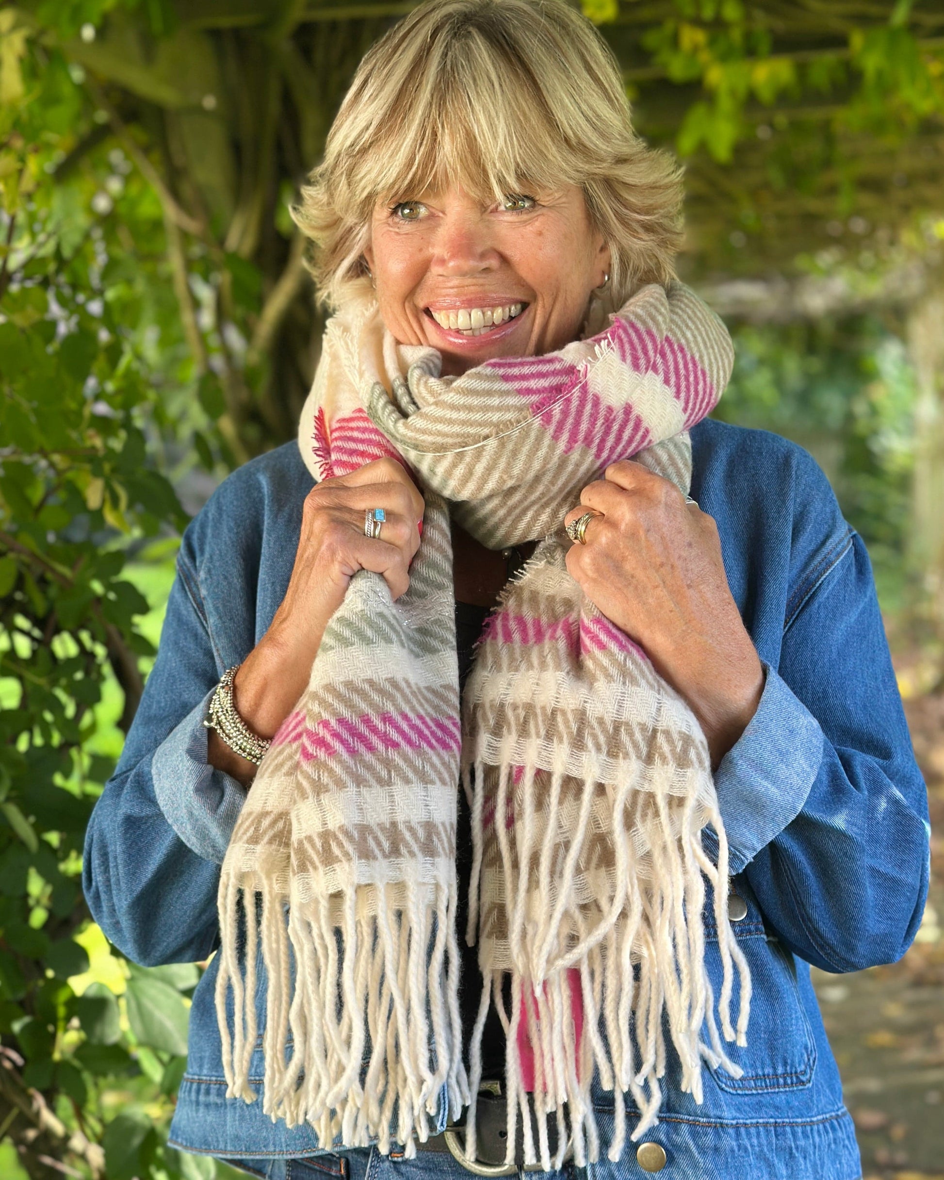 Scarves Cosy Winter Stripe Scarf - Magenta/Cream/Grey