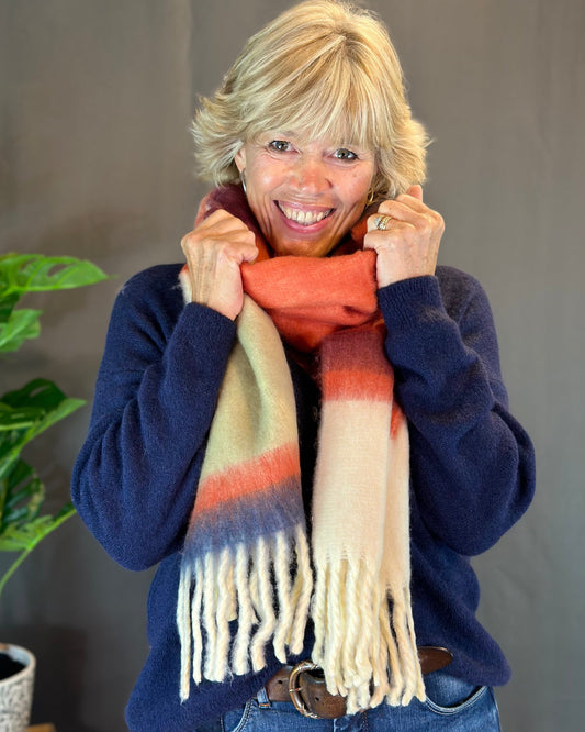 Scarves Cosy Winter Striped Scarf - Orange/Cream/Dusky Blue
