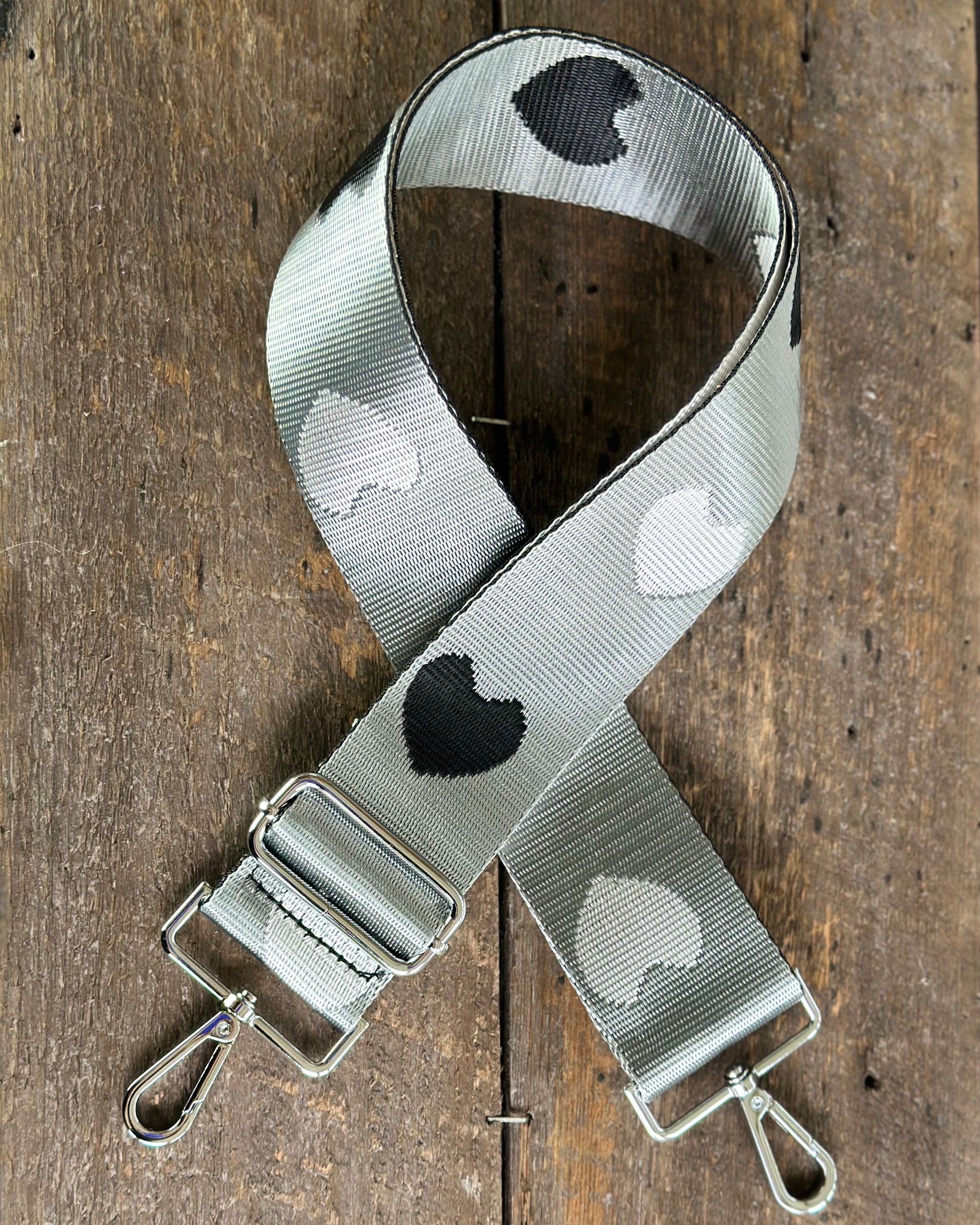 accessory Bag Strap - Silver, White & Black Hearts Print
